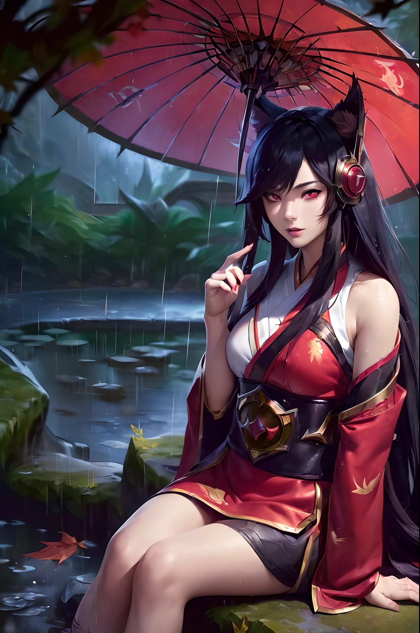 (League of Legends:1.5), (detailed manga illustration:1.2),(masterpiece:1.25),(best quality), (ultra-detailed:1.25),(idyllic),chinese classical style, (rain:1.2),raindrop, (maplegrove:1.3),dense leaves, rockery landscapr, spring water, [ink painting], (mournful, poignant), (color splashing:1.15),(watercolor:1.2),(depth of field:1.25),(solo:1.5) ,[ghostdom], backlight, [looking to the side],
(1 beautiful girl:1.25) with (chinese hanfu: dark red+black),(chinese antiquities) and gorgeous,(hair ribbon),(fox ears),(detailed beautiful red eyes:1.15), (beautiful face:1.15), (black long hair, gradual dark red colored tips), (fox tail),(maple leaves, fallen leaves),soaking feet, expressionless, sitting under a maple tree,