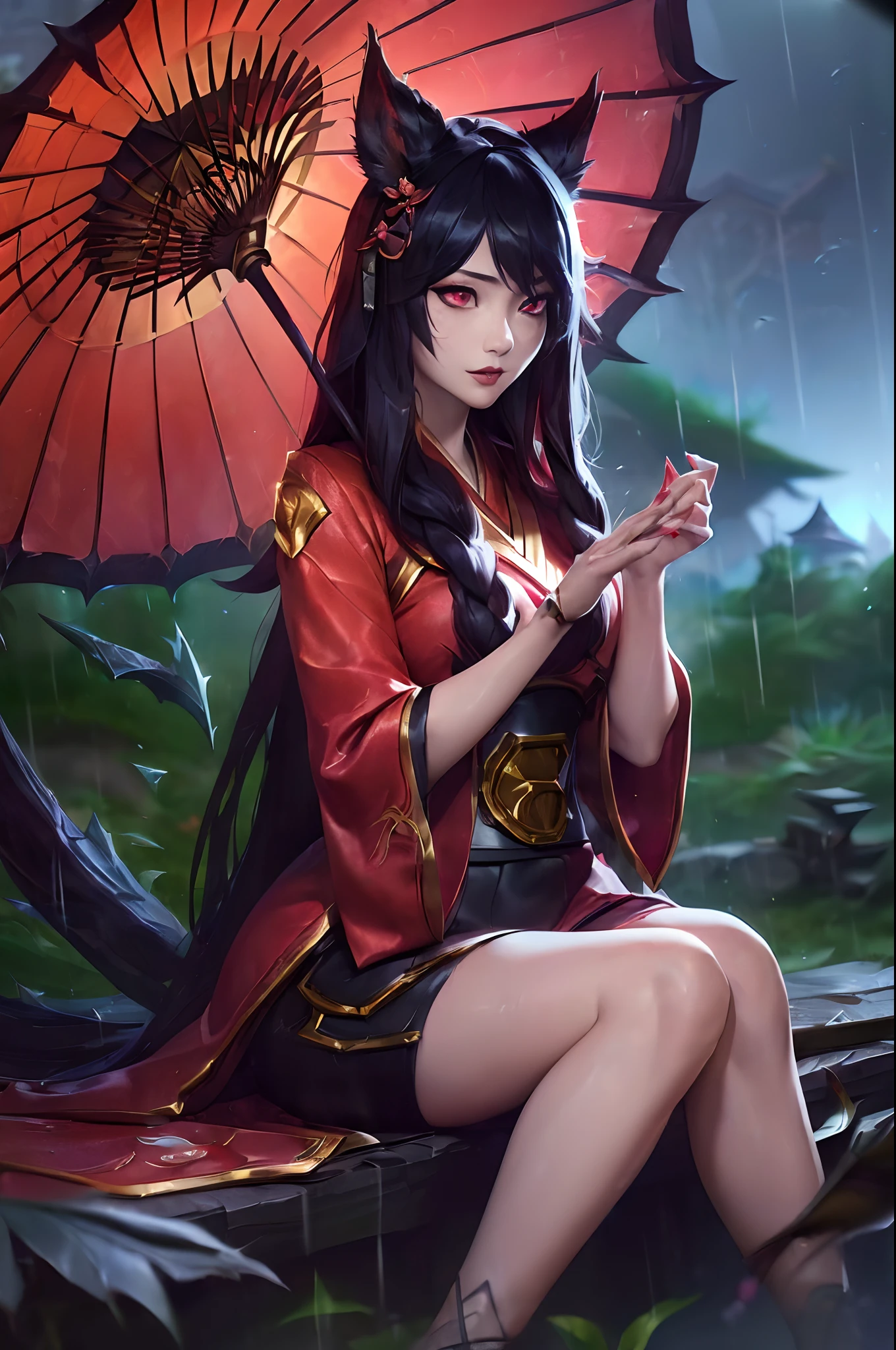 (League of Legends:1.5), (detailed manga illustration:1.2),(masterpiece:1.25),(best quality), (ultra-detailed:1.25),(idyllic),chinese classical style, (rain:1.2),raindrop, (maplegrove:1.3),dense leaves, rockery landscapr, spring water, [ink painting], (mournful, poignant), (color splashing:1.15),(watercolor:1.2),(depth of field:1.25),(solo:1.5) ,[ghostdom], backlight, [looking to the side],
(1 beautiful girl:1.25) with (chinese hanfu: dark red+black),(chinese antiquities) and gorgeous,(hair ribbon),(fox ears),(detailed beautiful red eyes:1.15), (beautiful face:1.15), (black long hair, gradual dark red colored tips), (fox tail),(maple leaves, fallen leaves),soaking feet, expressionless, sitting under a maple tree,