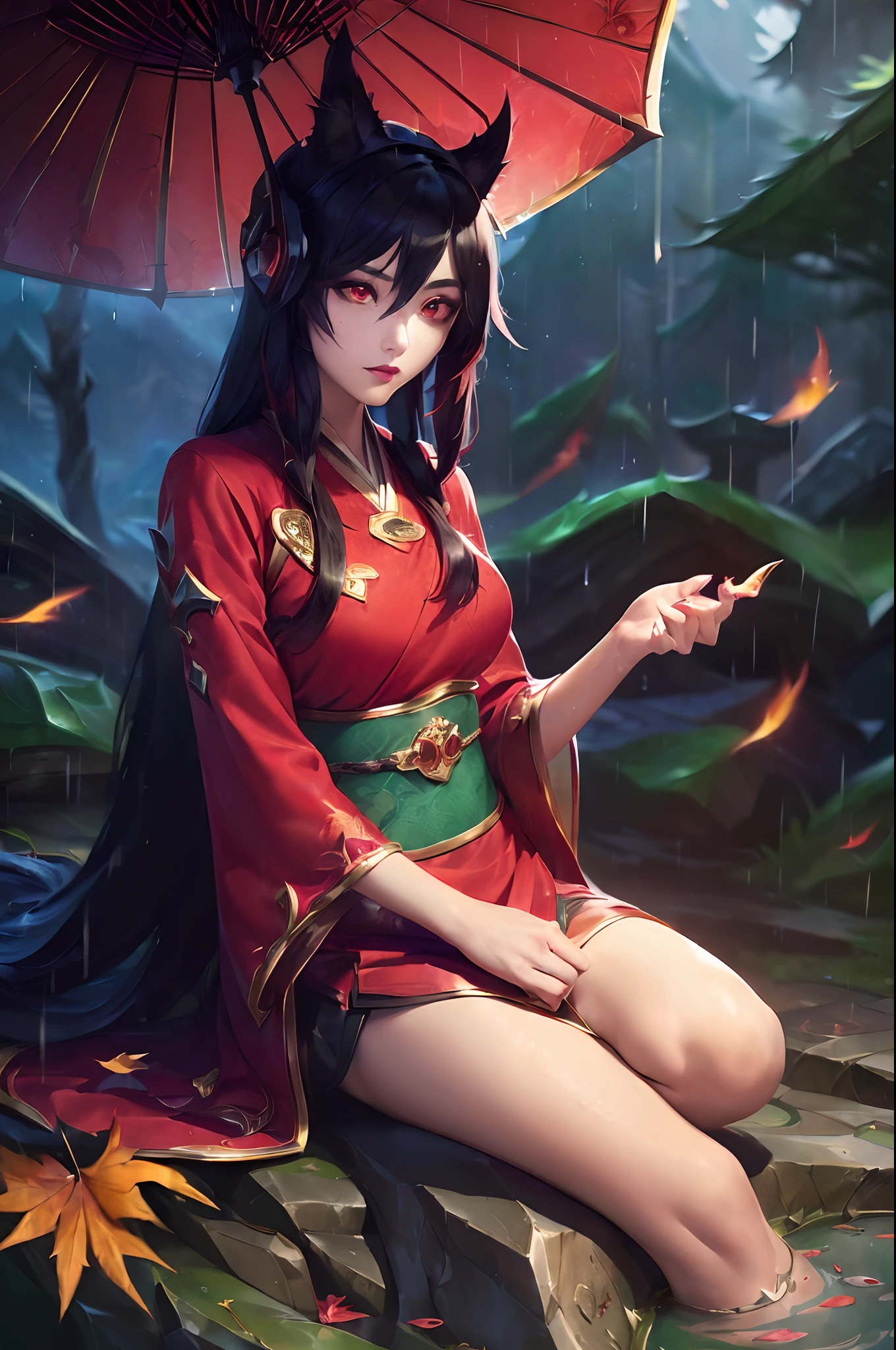 (League of Legends:1.5), (detailed manga illustration:1.2),(masterpiece:1.25),(best quality), (ultra-detailed:1.25),(idyllic),chinese classical style, (rain:1.2),raindrop, (maplegrove:1.3),dense leaves, rockery landscapr, spring water, [ink painting], (mournful, poignant), (color splashing:1.15),(watercolor:1.2),(depth of field:1.25),(solo:1.5) ,[ghostdom], backlight, [looking to the side],
(1 beautiful girl:1.25) with (chinese hanfu: dark red+black),(chinese antiquities) and gorgeous,(hair ribbon),(fox ears),(detailed beautiful red eyes:1.15), (beautiful face:1.15), (black long hair, gradual dark red colored tips), (fox tail),(maple leaves, fallen leaves),soaking feet, expressionless, sitting under a maple tree,