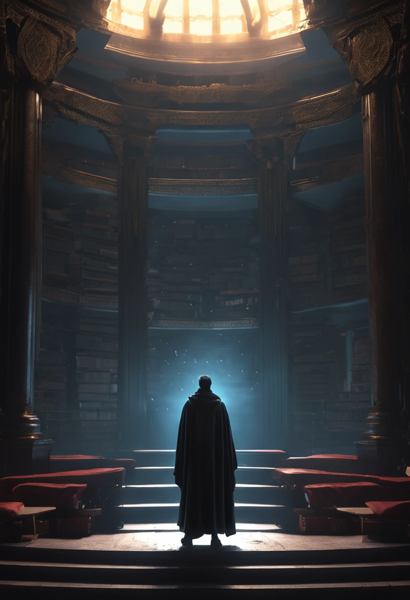 ralist mage with black cape reading a floating book, in a dark library, with a throne in the center and a light low fog, cinematic style