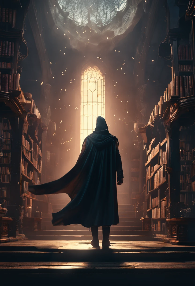ralist mage with black cape reading a floating book, in a dark library, with a throne in the center and a light low fog, cinematic style