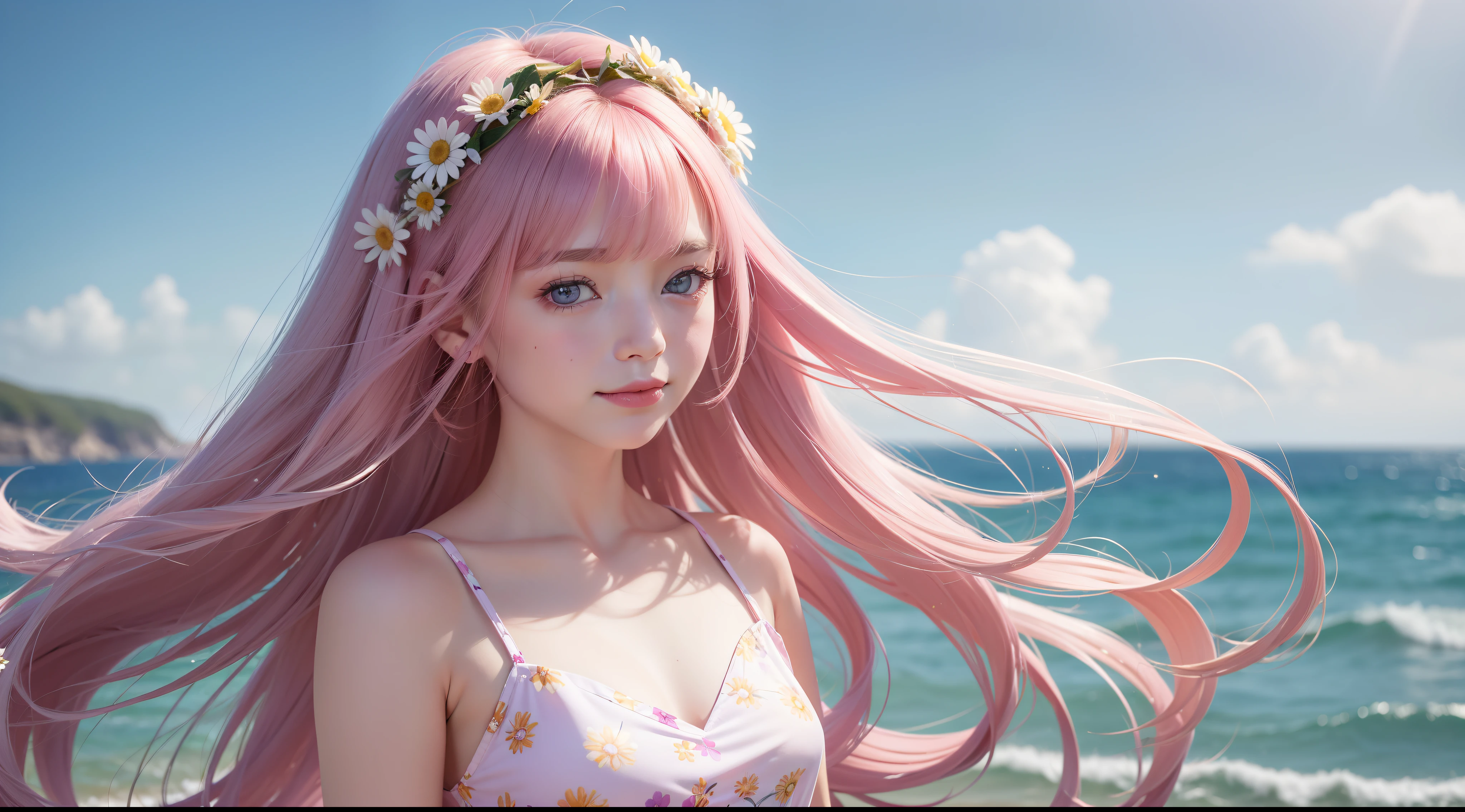 Masterpiece,(A prefect cute face girl with long hair),(detailed face),Wearing a pink slip dress,There is a small daisy print on the clothes,light smiling and looking into the camera。She stood by the sea,The hair is blown by the wind,The background is a pink-purple sky。Please draw this scene in Miyazaki's style。