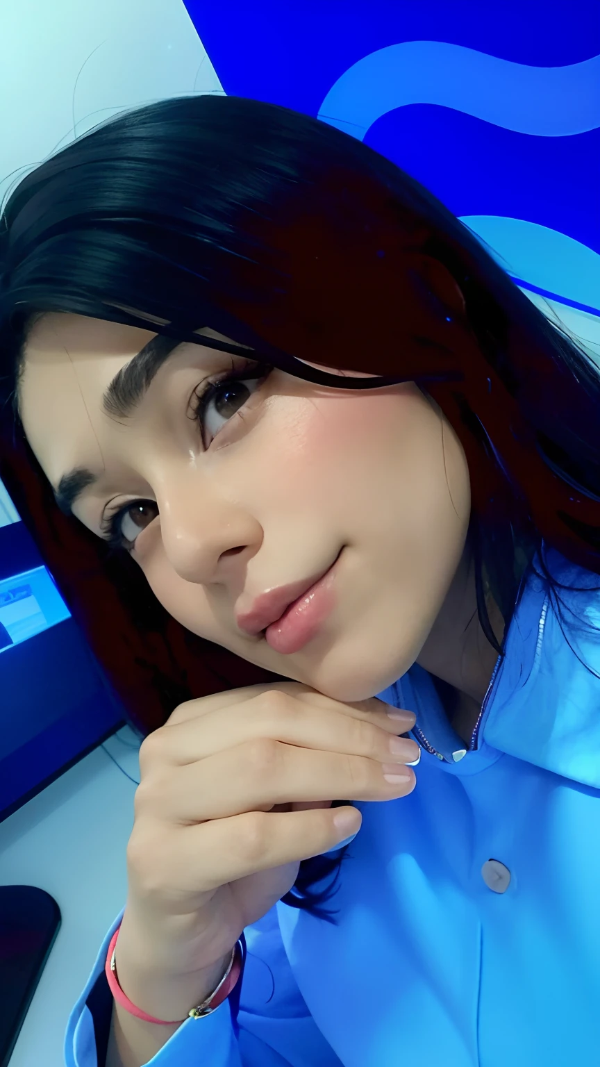 There is a woman who is posing for a photo in front of a computer, Alanis Guillen, fernanda suarez, foto do perfil, imagem de perfil, Adriana DXIM, Lorena Avarez, selfie de uma jovem mulher, Imagem, selfie shot straight on angle, Estefania Villegas Burgos, Valentina Embaralhamento, Karla Ortiz, :( Cyberpunk ) pircing na boca