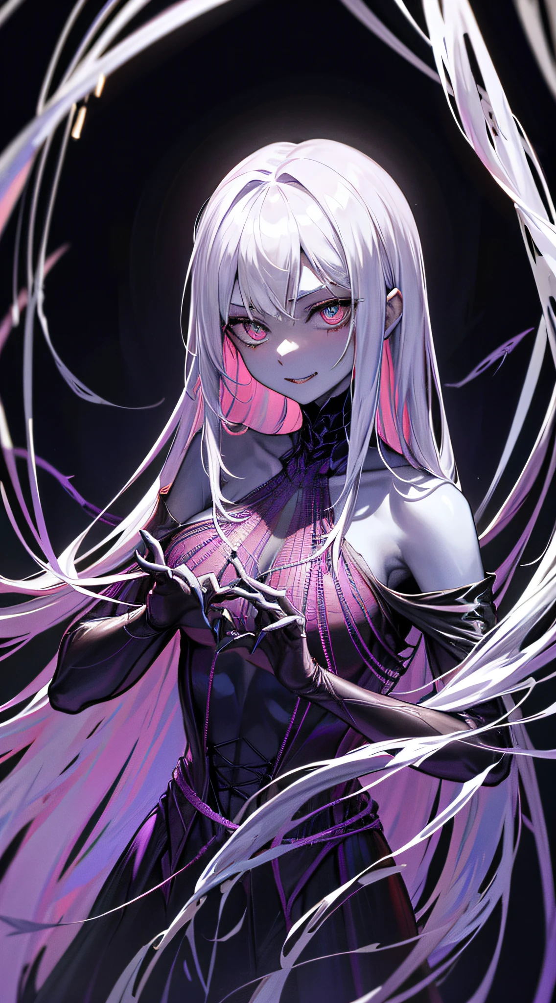 1 girl, wallpaper, full picture, Grey wall background, Dark picture, destroyed wall background, asymmetrical hair, White hair, multicolored hair, long hair, psycho smile, evil_smile, dark purple eyes, Side view, I look at the viewer, long chain shackles, Neon lights in the background, , grin, tousled hair, black dress