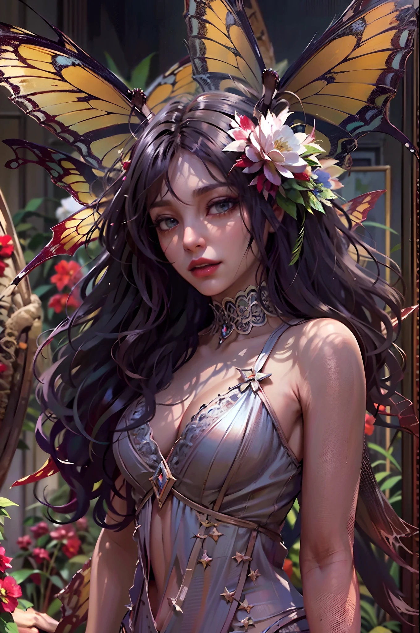 high details, best quality, 16k, RAW, [best detailed], masterpiece, best quality, (extremely detailed), full body, ultra wide shot, photorealistic, dark fantasy art, goth art, RPG art, D&D art, a picture of a dark female fairy showing flowers in a florist shop, extremely beautifil fairy, ultra feminine (intense details, Masterpiece, best quality), best detailed face (intense details, Masterpiece, best quality), having wide butterfly wings, spread buterfly wings (intense details, Masterpiece, best quality), dark colors wings (intense details, Masterpiece, best quality), black hair, long hair, shinning hair, flowing hair, shy smile, innocent smile, blue eyes, dark red lips, wearing red skirt, dynamic elegant shirt, chocker, wearing high heels, in flower shop (intense details, Masterpiece, best quality), [extreme many flowers] (intense details, Masterpiece, best quality), dark colorful flowers (intense details, Masterpiece, best quality), flower shop in a dark goth era street background, High Detail, Ultra High Quality, High Resolution, 16K Resolution, Ultra HD Pictures, 3D rendering Ultra Realistic, Clear Details, Realistic Detail, Ultra High Definition