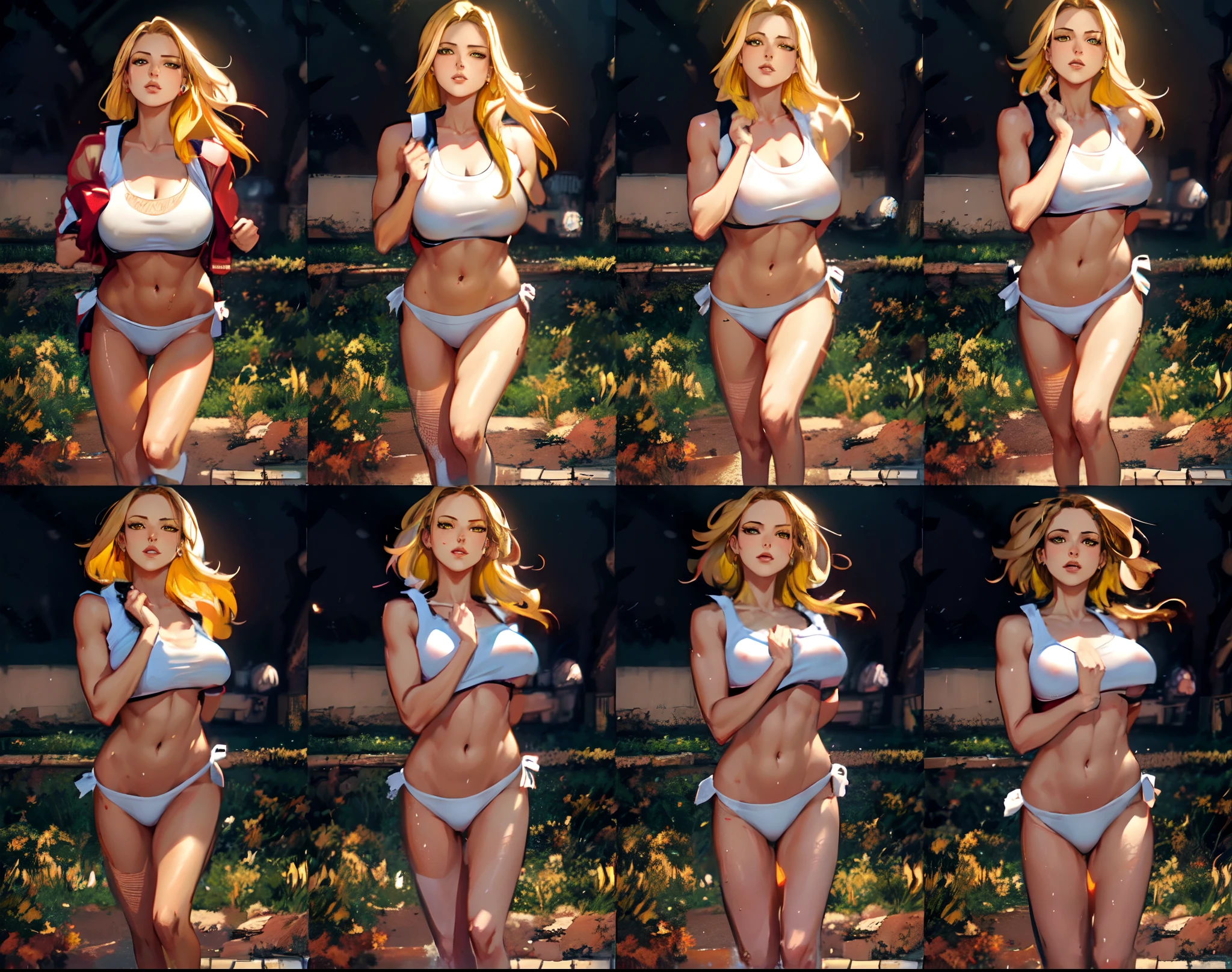 a set of nine different poses of a hot woman, unparalleled masterpiece, ultra realistic 8k CG, perfect artwork, (1girl:1.1) , solo, ((perfect female figure)), (nsfw), looking at viewer, mature female, (teasing), best quality:1.1 , seductive posture, sexy pose, alluring, (beautiful), (curvy), (thick), blonde hair, (yellow eyes:1.2), short hair, earrings, jewelry, denim vest, open vest, white shirt, white shorts, toned legs, fit, (abs:1.1), (big butt:1.4), peach ass, (athletic body:1.2), (small breasts:1.3, (medium_breasts:1.1), wide_hips:1.5, narrow waist, small waist:1.5, slender body:1.2, thick thighs:1.3), (shiny skin:1.2), (hdr), (street:1.2), Nikon D850 film stock photograph Kodak Portra 400 camera f1.6 lens, rich colors, lifelike texture, dramatic lighting, unreal engine, trending on ArtStation, by Gerald Brom, by Frank Frazetta, by Luis Royo, by Julie Bell, by Boris Vallejo, working out, white underwear, sexy, erotic, a set of nine different poses of a woman in a white outfit, set of high quality hd sprites, spritesheet, intricate, sprite sheet, blond character, fullbody pose, style mix of æon flux, erotic , vfx spritesheet!!!!! in a running, working out, in a gym, android 18 at the gym