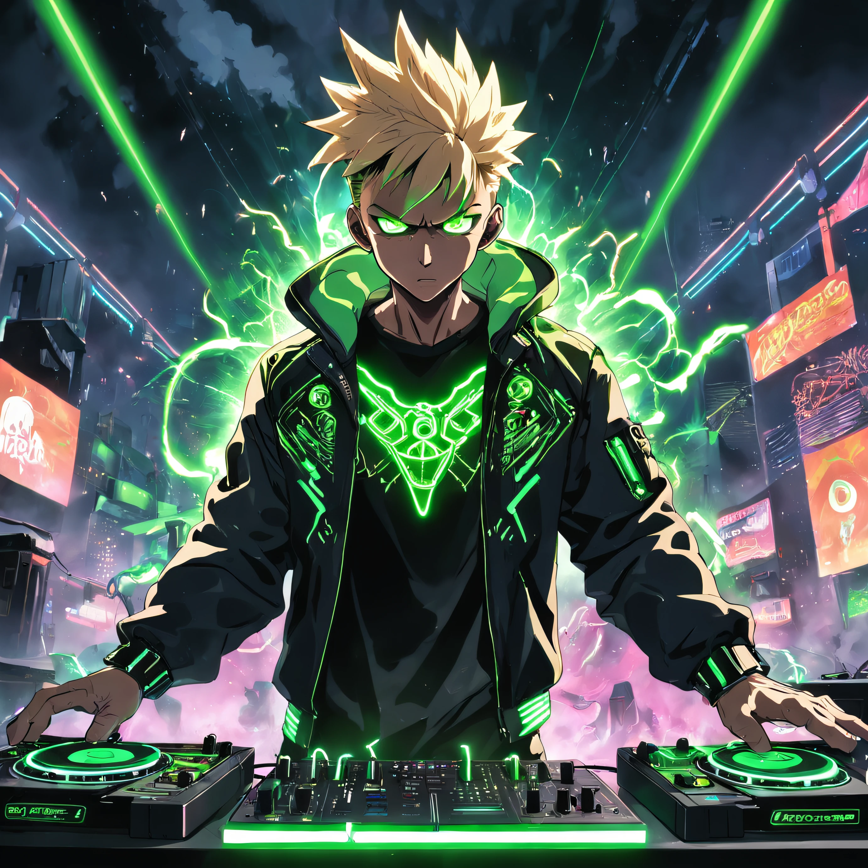 HYPER REALISTIC,ANGRY, RAGE UNLEASHED!!!, POWER-UP, CHARGED POWER OF LIGHTNING, GREEN SPARKS EPIC HYPERCHARGED, CYBORG MAN DJ WEARING CYBERNETIC BLACK NEON JACKET WITH GREEN GLOWING EYES, WITH BLONDE MOWHAWK, ON THE DJ DECKS SURROUNDED BY LIGHTNING AND SMOKE, WITH A NEON SIGN IN THE BACKGROUND WRITTEN "ICONIC", EPIC RAVE SCENE, EPIC LIGHTSHOW, HYPE, BLOOM LIGHTING