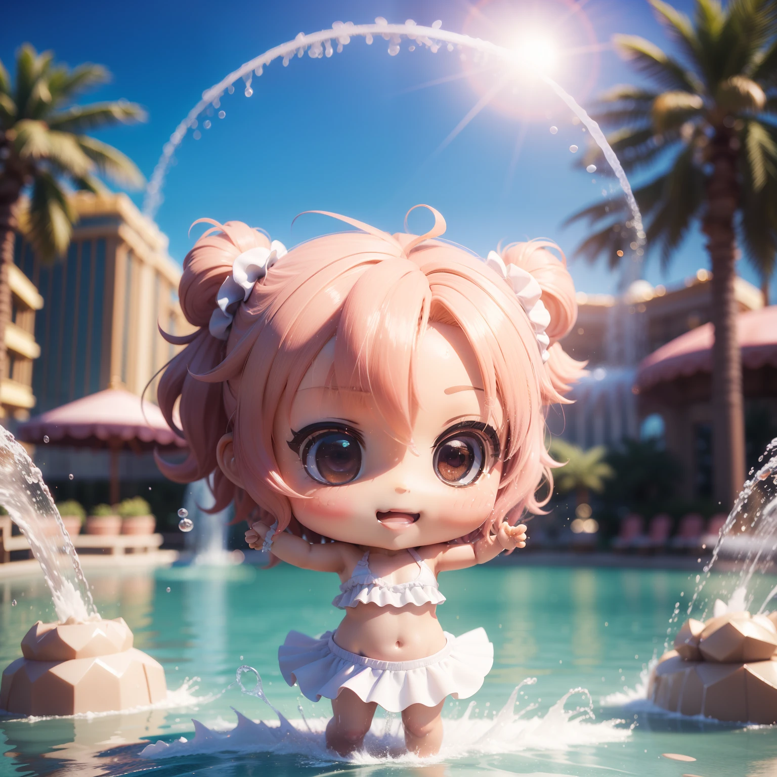 (((chibi 3d))) (Best Quality) (Master Price)Cute Baby Chibi Anime,Cute ruffled bikini,The best smile,Bellagio Fountain in Las Vegas,splash water