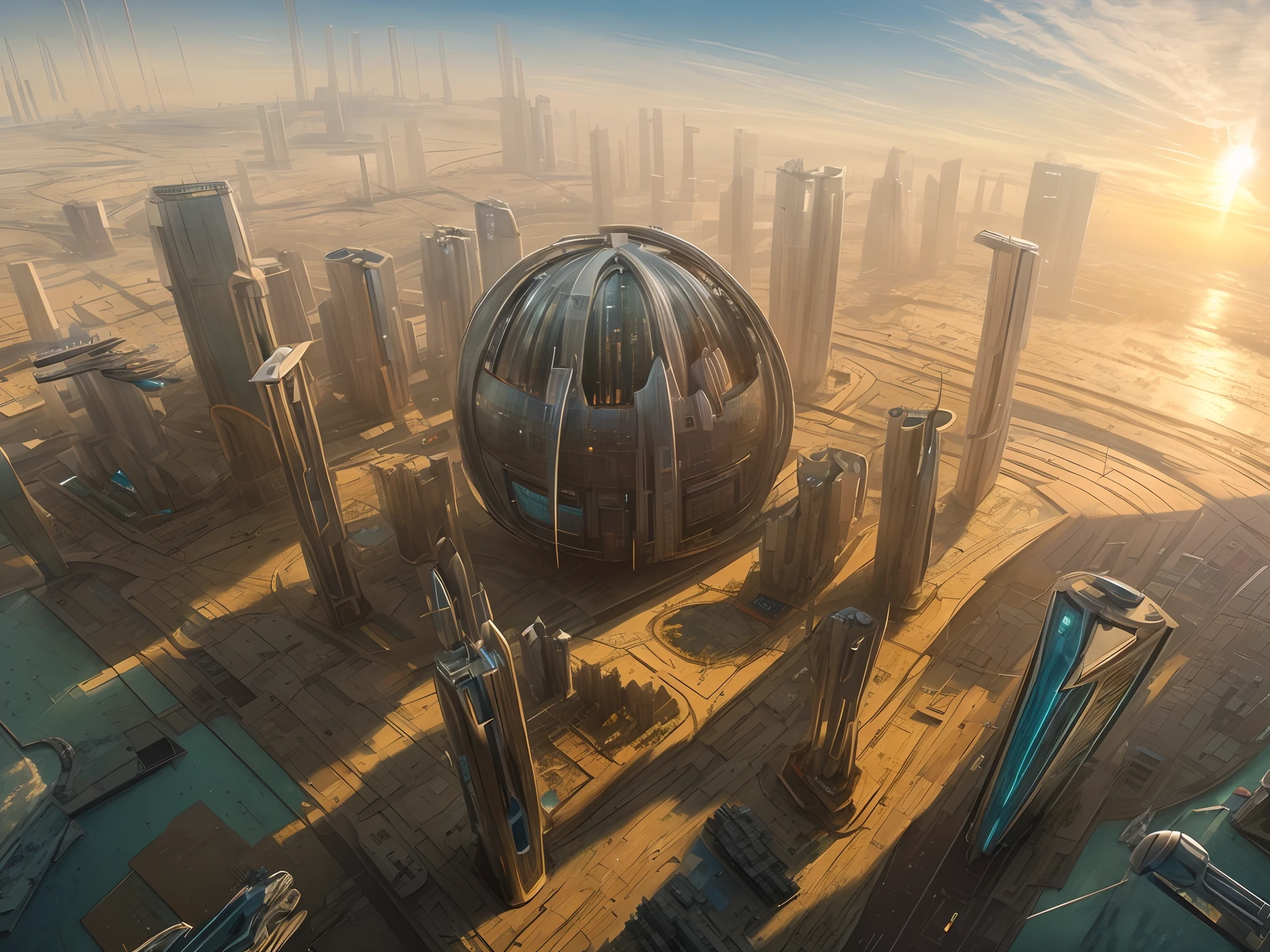 fiction, Arte futurista, utopian city, aerial view, de cima para baixo, buildings and constructions in gleaming metal, luz do nascer do sol, Arte intrincada, 8k