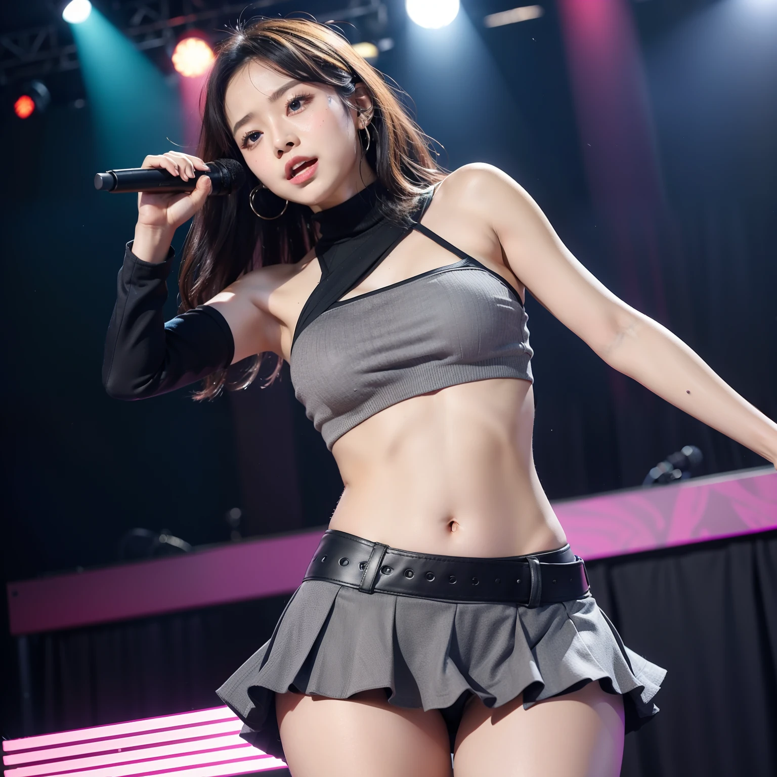 Idol Girl Group, Low waist miniskirt, Open shoulders, Open the navel..., Mobile Mic, Sweating on the face, no underwear, dance, voluptuous