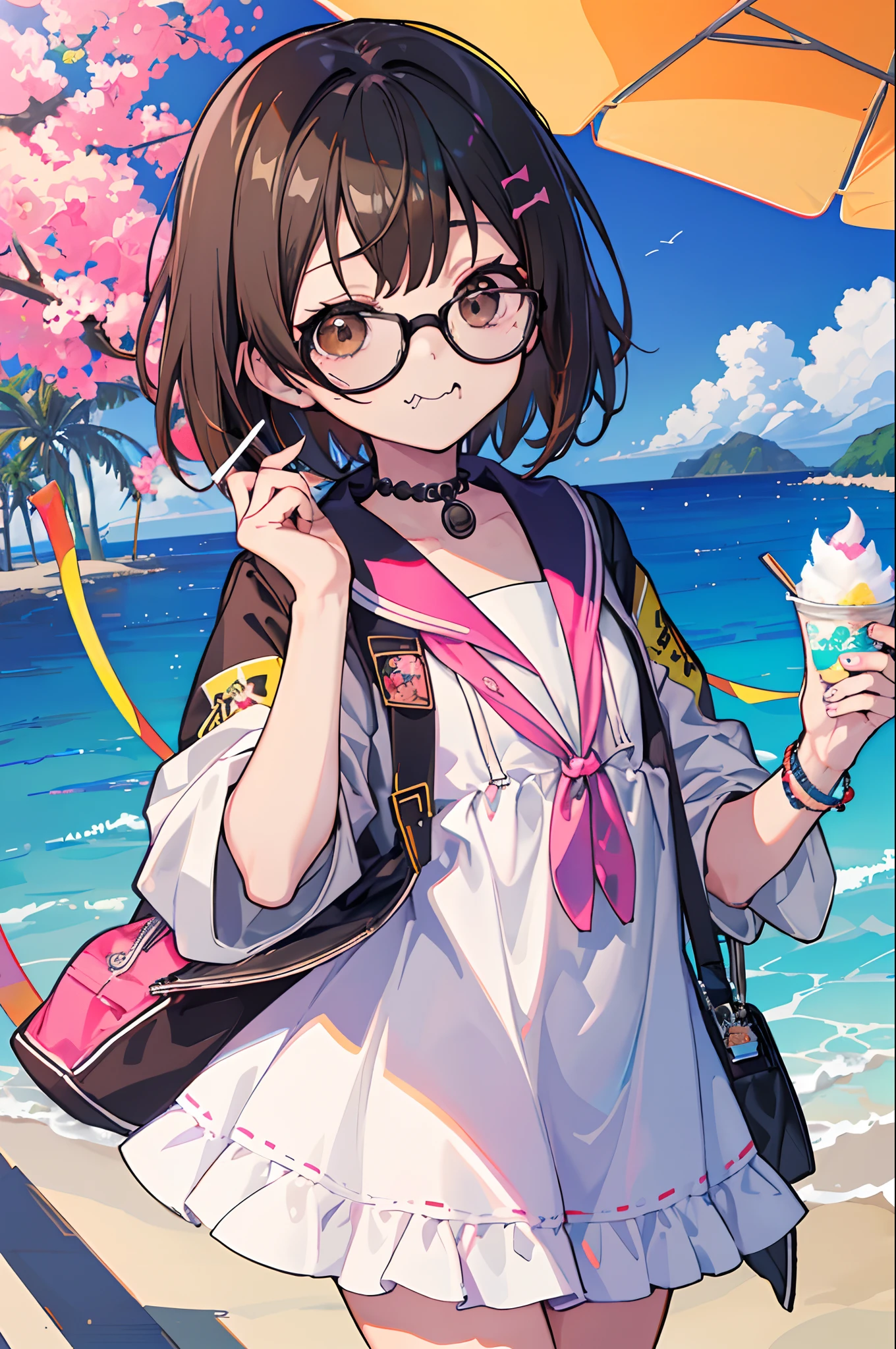 (masutepiece, Best Quality, Capture super cute moments, depth of fields, ultra-detailliert, Ultra High Resolution, C4D, Octadale, 3D Modeling, 8K, 16 K, one girls、a junior high school student、A dark-haired、short-hair、straight haired、Light brown eyes、hair adornments、wearing black glasses、kawaii faces)、(unbelievable Ridiculous:1.1), Eating shaved ice A smile Beach tchibi comical Manga Touch