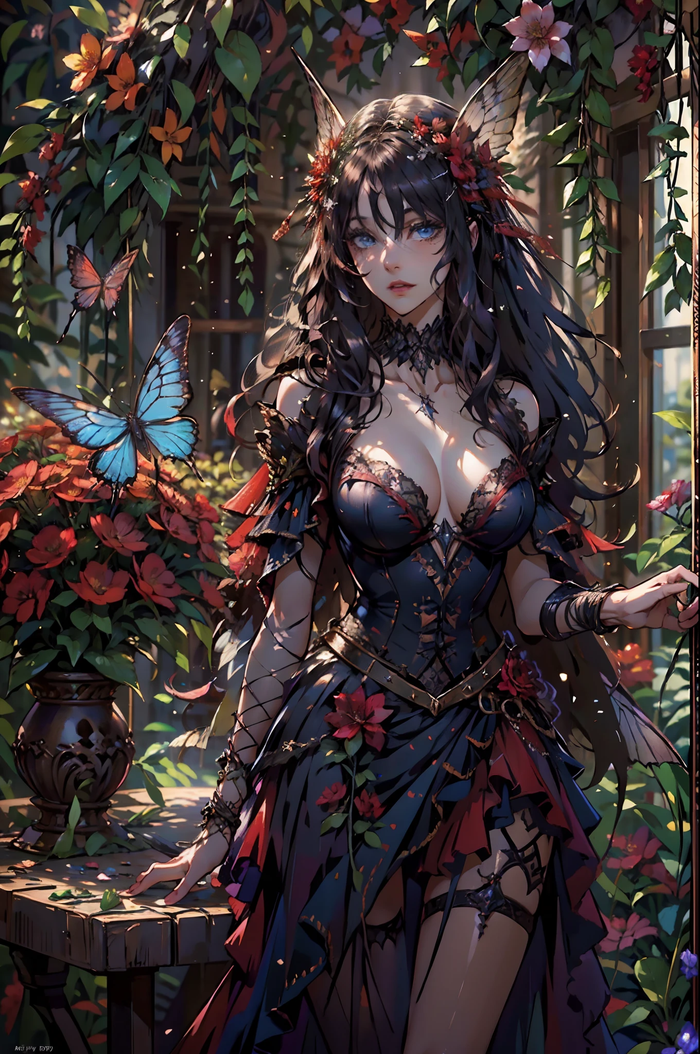 high details, best quality, 16k, RAW, [best detailed], masterpiece, best quality, (extremely detailed), full body, ultra wide shot, photorealistic, dark fantasy art, goth art, RPG art, D&D art, a picture of a dark female fairy showing flowers in a florist shop, extremely beautifil fairy, ultra feminine (intense details, Masterpiece, best quality), best detailed face (intense details, Masterpiece, best quality), having wide butterfly wings, spread buterfly wings (intense details, Masterpiece, best quality), dark colors wings (intense details, Masterpiece, best quality), black hair, long hair, shinning hair, flowing hair, shy smile, innocent smile, blue eyes, dark red lips, wearing red skirt, dynamic elegant shirt, chocker, wearing high heels, in flower shop (intense details, Masterpiece, best quality), [extreme many flowers] (intense details, Masterpiece, best quality), dark colorful flowers (intense details, Masterpiece, best quality), flower shop in a dark goth era street background, High Detail, Ultra High Quality, High Resolution, 16K Resolution, Ultra HD Pictures, 3D rendering Ultra Realistic, Clear Details, Realistic Detail, Ultra High Definition