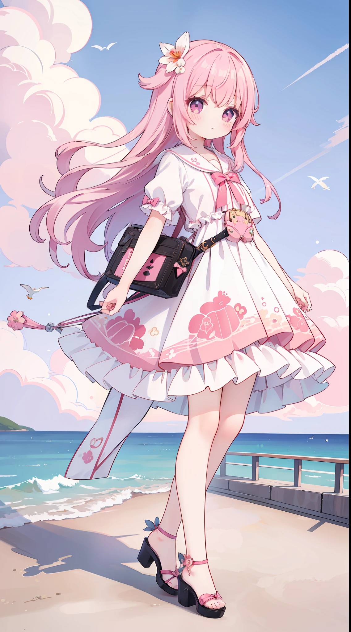 Girl walking on boat, Sunset, deck, seabird, 2 Layer Pink Floral Wedding Dress Sticker, In the style of anime aesthetics, high-heels, Pink Theme, UHD, Yumihiko Amano, Pencil Steampunk, fullllbody