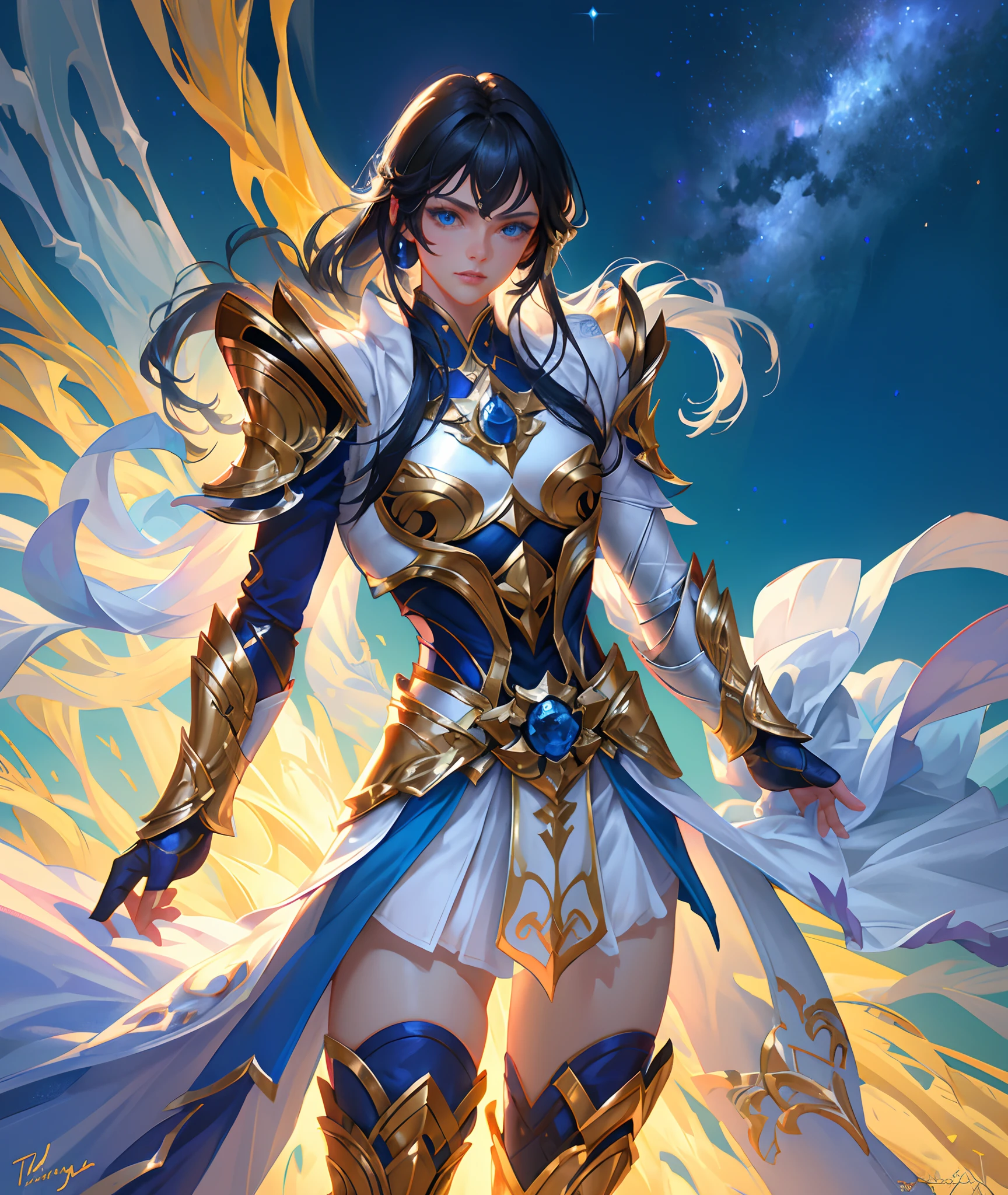 Ultra-high saturation，（tmasterpiece）， fully body photo，（best qualtiy）， （1girll）， starryskybackground，Wearing shiny gold armor， Sexy lingerie type armor，Expose your chest，Expose the waistline，Exposing thighs，cool-pose， Saint Seiya Armor， messy  hair，high detal, Anime style, Cinematic lighting, Sparkle, god light, Ray traching, filmgrain, hyper HD, textureskin, super detailing, Anatomical correct, A high resolution，Ultra-high saturation，hight contrast，High-gloss armor，Smooth skin，Serious expressions,Dark room,