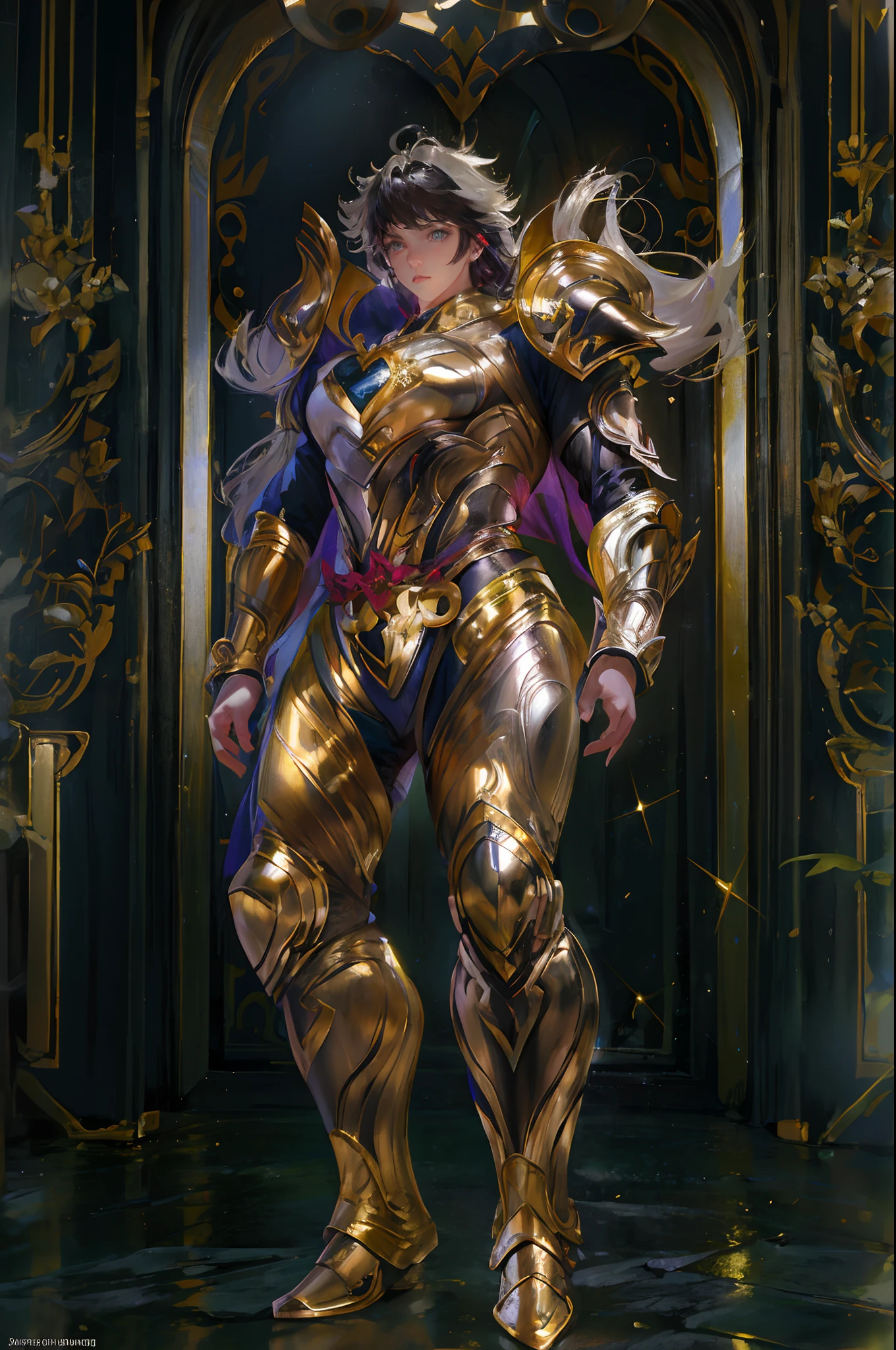full body,Ultra-high saturation,(tmasterpiece), fully body photo,(best qualtiy), (1girll), starryskybackground,Wearing shiny gold armor, Sexy lingerie type armor,Expose your chest,Expose the waistline,Exposing thighs,cool-pose, Saint Seiya Armor, messy hair,high detal, Anime style, Cinematic lighting, Sparkle, god light, Ray traching, filmgrain, hyper HD, textureskin, super detailing, Anatomical correct, A high resolution,Ultra-high saturation,hight contrast,High-gloss armor,Smooth skin,Serious expressions,Dark room,