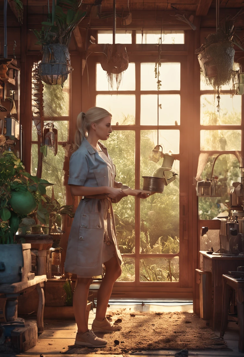 terraria, the nurse, beautiful blonde, young woman, nurse clothing, wooden cozy house, terraria, close up