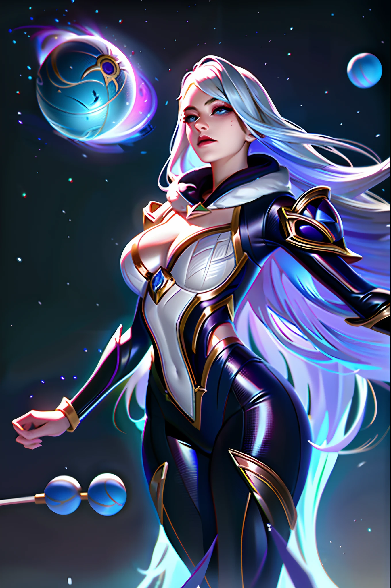 (League of Legends:1.5),Astrid, the Graviton Slinger, is depicted in her splashart as a powerful and enigmatic force, wielding her gravitational manipulation abilities with mastery. The scene takes place in a celestial realm, where stars and cosmic energy illuminate the vastness of space.

Astrid possesses an otherworldly beauty, with flowing silver-white hair that seems to shimmer with the brilliance of distant stars. Her skin has a faint celestial glow, radiating with the power she commands. She wears a sleek, futuristic suit adorned with intricate patterns that resemble constellations and gravitational fields. The suit hugs her figure, emphasizing her strength and agility.

In the center of her palms, Astrid generates orbs of gravitational energy, each pulsating with vibrant hues of purple and blue. These energy orbs form the foundation for her gravitational abilities. Surrounding her, smaller orbs and filaments of energy spin and orbit, representing the gravitational fields she creates and manipulates.

Astrid's eyes emit an intense, piercing gaze, glowing with the same gravitational energy that courses through her. Her expression conveys both focus and determination, revealing her unwavering control over the forces she wields.

The backdrop of the splashart showcases the vast expanse of space, filled with distant galaxies and nebulae. Ethereal strands of gravitational energy weave through the cosmos, forming intricate patterns and connecting celestial bodies. The scene creates a sense of awe and wonder, as Astrid harnesses the fundamental forces of the universe.

The color palette is dominated by deep purples, blues, and blacks, reflecting the cosmic nature of Astrid's powers. The vibrant energy orbs stand out against the dark backdrop, adding a dynamic and captivating element to the splashart, splashart, linhas de corpo, cores vibrantes, detalhes requintados, cinemactic, artstation, rosto detalhado, por rossdraws, por Kienan Laf,normal hands,holding ball,