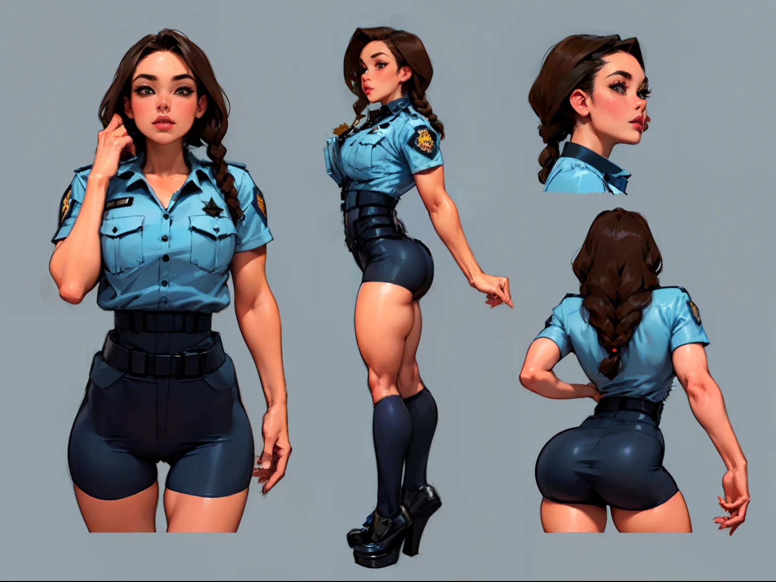 ((masterpiece)),(((best quality))),((character design sheet)), illustration,1woman, environment Scene change, (long braided hair:1.4),((futuristic police officer:1.5)), muscular, black legs, thick legs, (pale skin:1.3)scribbles and marks, light blue shirt, ((detailed face:1.1)), rough sketches, (puffy lips:1.5), pose too, ((brunette hair:1.2)), (police officer outfit:1.3) , 8k,16k, (simple background, light background: 1.3)