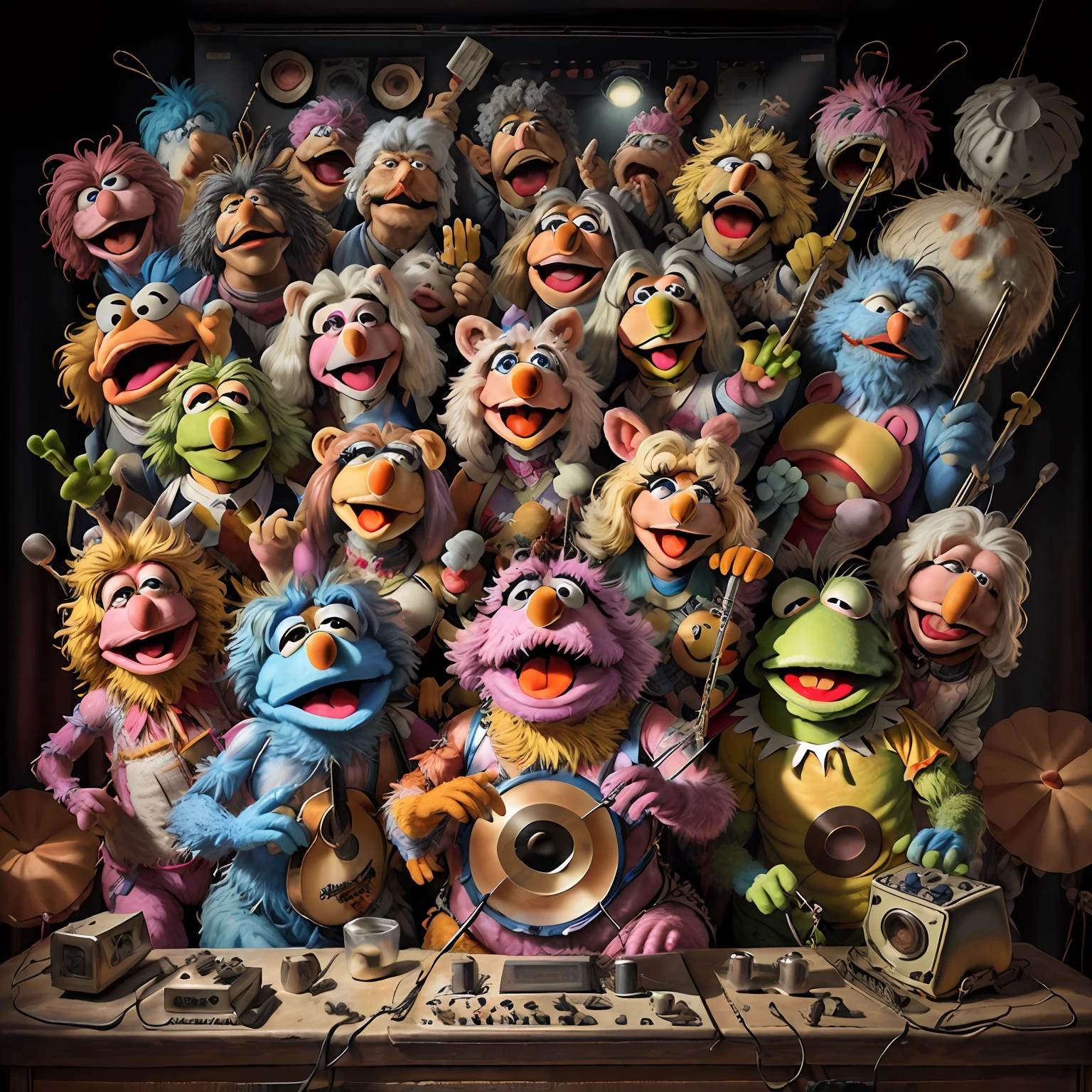 MuppetManiaAI, bateria acutica, toca discos, amplificador.