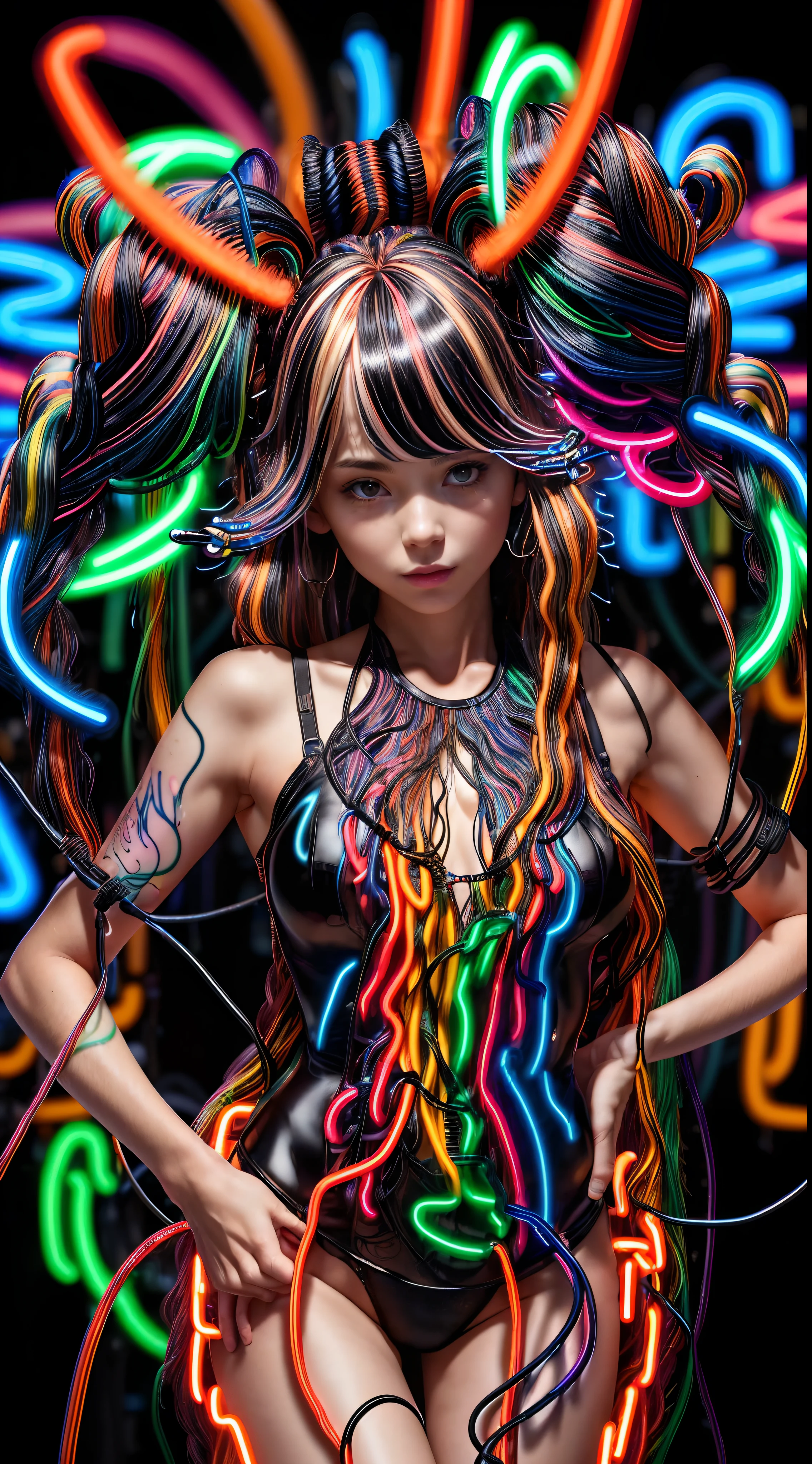 (medium shot) (womans hair is made from thin multicolored neon tendrils:1.7) (long thin multicolored neon string hair is flowing down her body), her hair made of thin multicolored neon tendrils is conforming to and covering her body forming a dress, (neon fibers:1.05), ((cables of neon strings)), scenery is cables and tech, intricate and detailed tech gear chaos, beautiful detailed glow, tentacles of thin multicolored neon strings writhing around, chaos of cables around, neon tendrils flowing, (cables and multicolored neon strings swirling around the character:1.1), (detailed:1.05), (ultra-detailed:1.1), (detailed light:1.05)