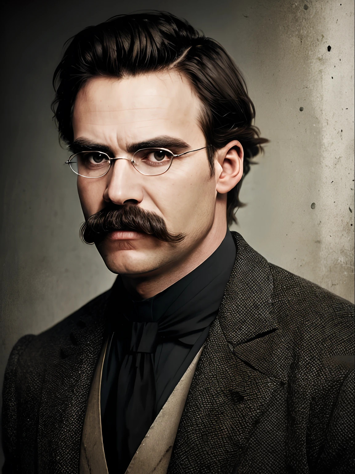 Friedrichnietzsche, bigode grosso, testa, casaco preto, camisa preta, (standingn:1.1), (detalhes intrincados:0.9), (HDR, hiperdetalhado:1.2), (textura natural da pele, hiper-realismo, luz suave, sharper), (detalhes intrincados:0.9), (HDR, hiperdetalhado:1.2), (textura natural da pele, hiper-realismo, luz suave, sharper)