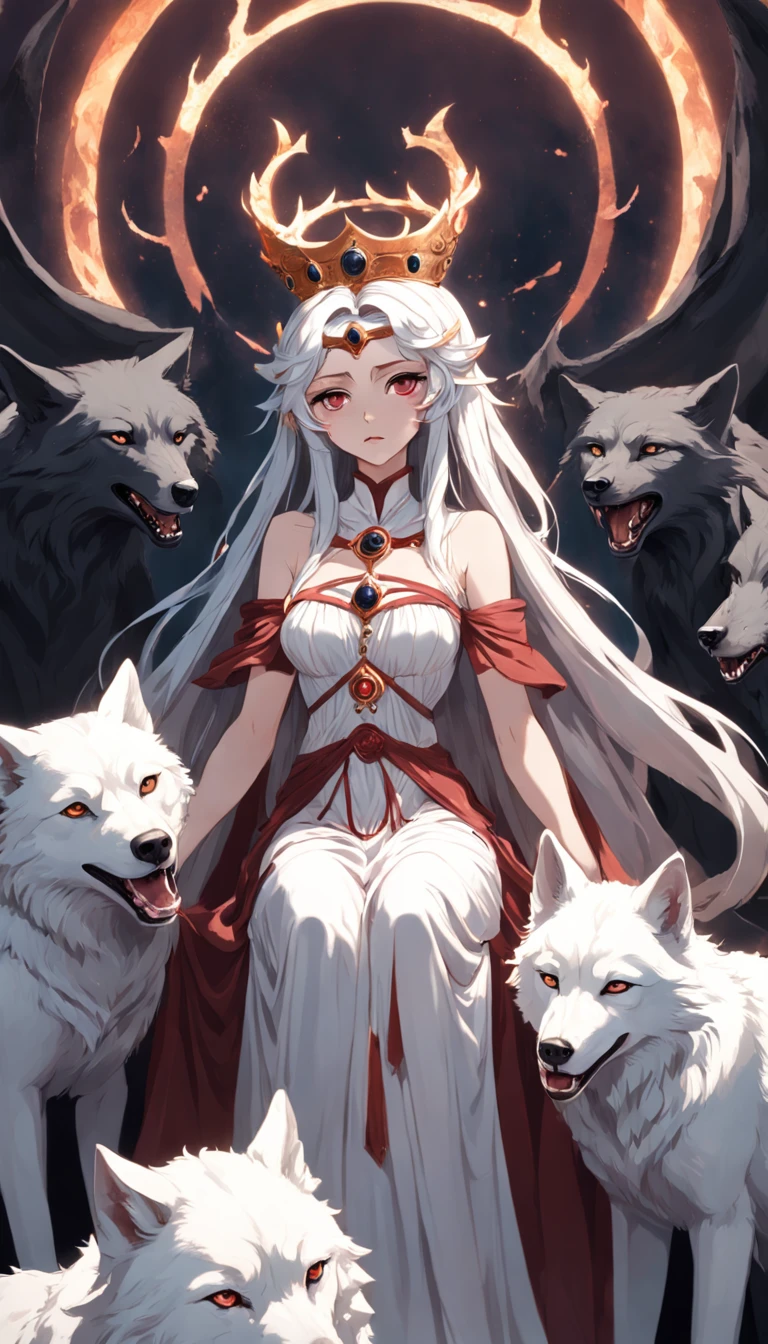a photo of a woman with a crown and three wolves, hecate goddess, Hecate, pagan goddess, Deusa do Submundo, Norse goddess, persephone as goddess of death, Deusa da Raiva, Rainha do Submundo, deusa. detalhes extremamente altos, Mito grego do ritual escuro, Deusa da morte, the goddess hestia, Rainha do Inferno