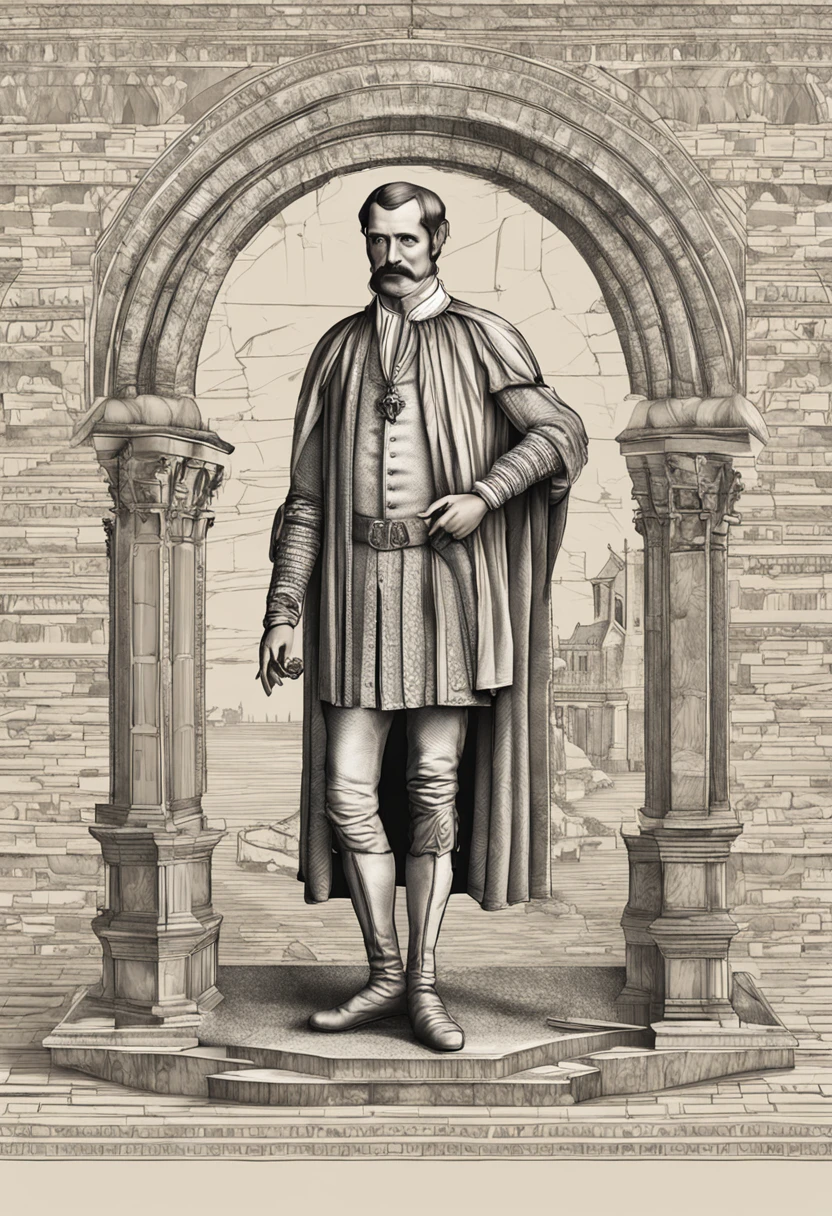 Niccolò Machiavelli inspired by the Renaissance art of the time in which he lived. Na imagem, Machiavelli is portrayed as a middle-aged man with short hair, with features of the fashion and style of the Italian Renaissance. He's wearing elegant, roupas refinadas, probably a tunic or costume that reflects Renaissance fashion. His expression is thoughtful and his posture denotes a charismatic and intellectual presence. The surrounding landscape resembles Renaissance Florence, with classical architectural elements and artistic details that characterize the time. The soft light highlights its characteristics and creates an atmosphere of contemplation and sophistication. A imagem deve capturar a aura do Renascimento e a personalidade complexa e influente de Nicolau Maquiavel.