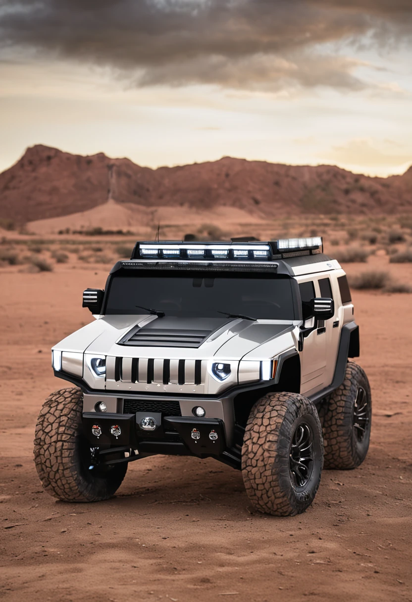 "Por favor, create a detailed picture of a new generation electric Hummer vehicle. The vehicle must be in an off-road environment, cercado por terreno acidentado e lama. O Hummer deve ter uma cor vermelho ferrari, detalhes em dourado, with large headlights on at the top of the cab, illuminating the front of the vehicle, luz branca, escapamentos especiais para terenos alagados, ser grandes e robustas, with high-profile tyres to handle difficult terrain. as portas do motorista e passageiro devem estar abertas, The design must combine modern and futuristic elements with the robust aesthetics that is characteristic of Hummer vehicles. Be sure to include details such as bright LED headlights, an imposing front grille and streamlined lines that still retain the Hummer's sturdy appearance. The environment around the vehicle should show mud and flooded terrain, respingando nas rodas e na carroceria, enfatizando seu uso off-road.