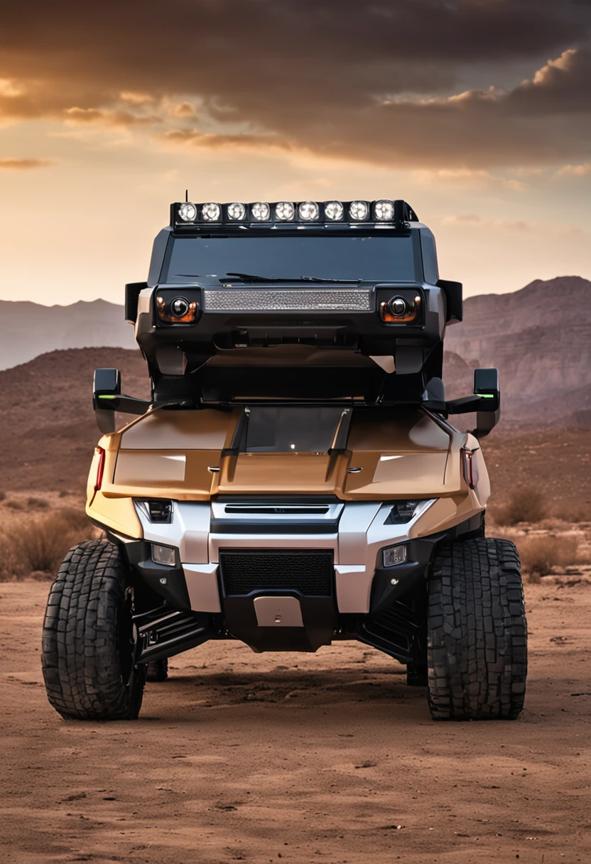 "Por favor, create a detailed picture of a new generation electric Hummer vehicle. The vehicle must be in an off-road environment, cercado por terreno acidentado e lama. O Hummer deve ter uma cor vermelho ferrari, detalhes em dourado, with large headlights on at the top of the cab, illuminating the front of the vehicle, luz branca, escapamentos especiais para terenos alagados,  ser grandes e robustas, with high-profile tyres to handle difficult terrain. as portas do motorista e passageiro devem estar abertas, The design must combine modern and futuristic elements with the robust aesthetics that is characteristic of Hummer vehicles. Be sure to include details such as bright LED headlights, an imposing front grille and streamlined lines that still retain the Hummer's sturdy appearance. The environment around the vehicle should show mud and flooded terrain, respingando nas rodas e na carroceria, enfatizando seu uso off-road.