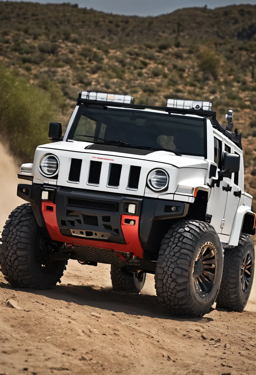 "Por favor, create a detailed picture of a new generation electric Hummer vehicle. The vehicle must be in an off-road environment, cercado por terreno acidentado e lama. O Hummer deve ter uma cor vermelho ferrari, detalhes em dourado, with large headlights on at the top of the cab, illuminating the front of the vehicle, luz branca, escapamentos especiais para terenos alagados, ser grandes e robustas, with high-profile tyres to handle difficult terrain. as portas do motorista e passageiro devem estar abertas, The design must combine modern and futuristic elements with the robust aesthetics that is characteristic of Hummer vehicles. Be sure to include details such as bright LED headlights, an imposing front grille and streamlined lines that still retain the Hummer's sturdy appearance. The environment around the vehicle should show mud and flooded terrain, respingando nas rodas e na carroceria, enfatizando seu uso off-road.