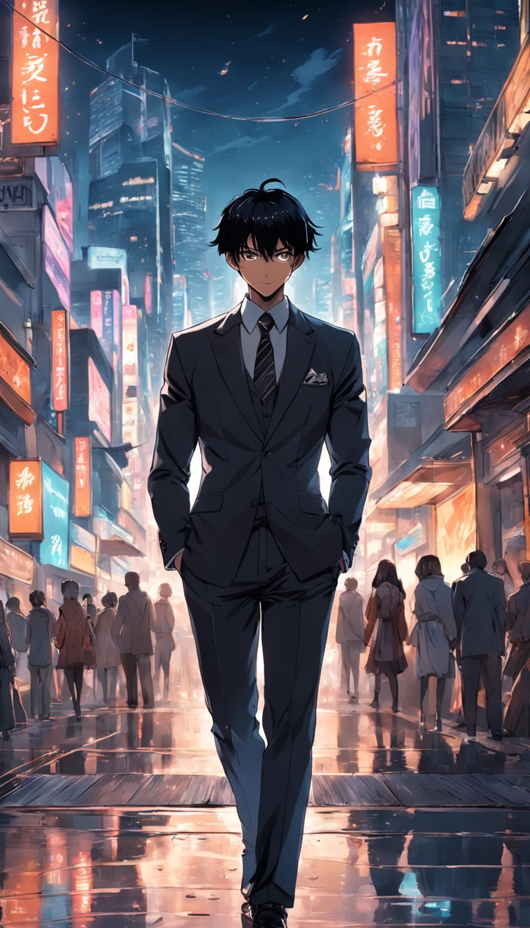 Homem elegante com traje preto em uma cidade movimentada.
