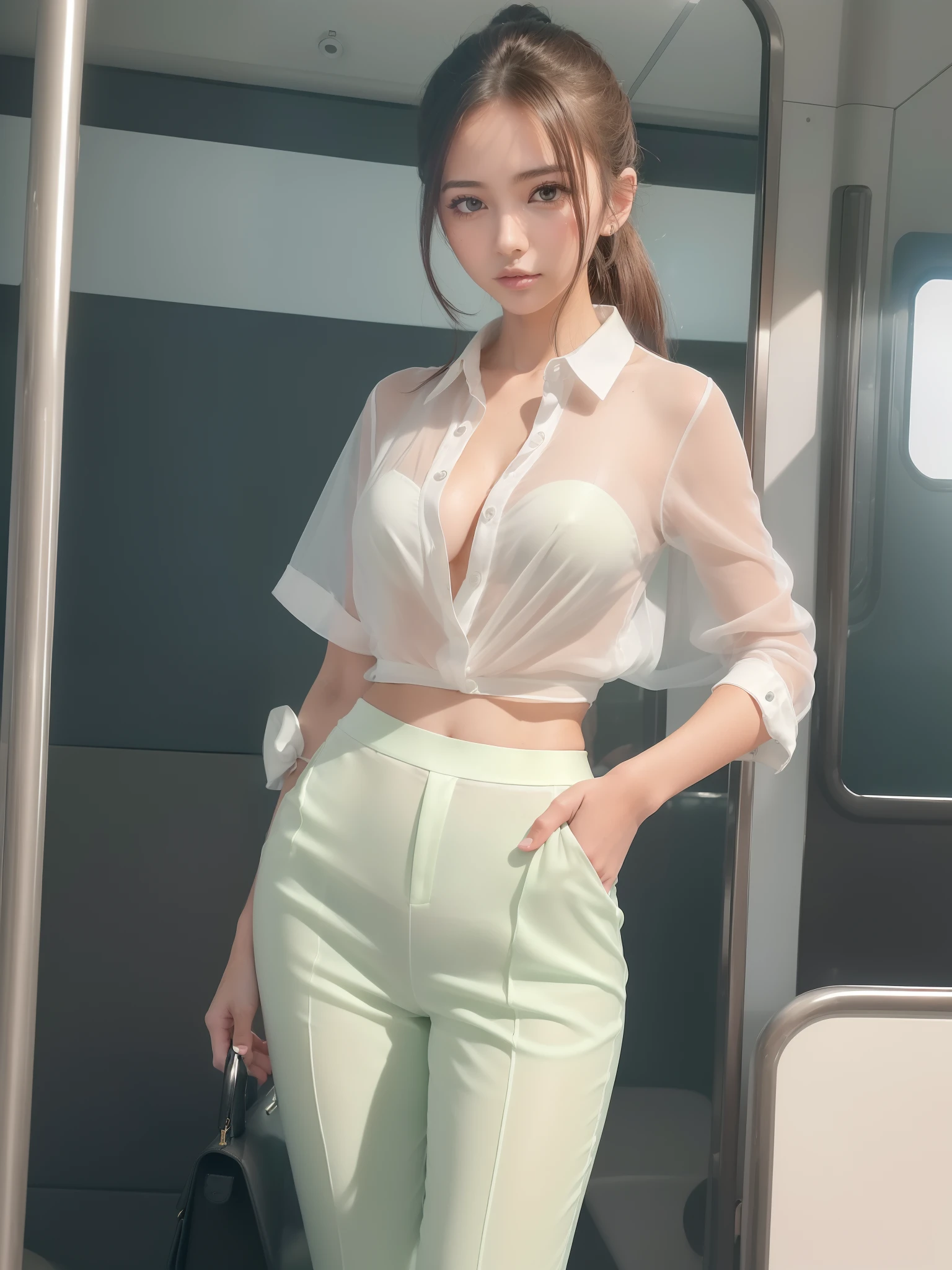 (masutepiece,Best Quality:1.4),(8K,Raw photo,photographrealistic:1.2),(FULL BODYSHOT:1.4),Beautiful 18 year old woman , in standing, Officelady、in train、white sheer blouse, lightgreen sheer pants, Beautiful face, Shiny skin,Detailed skin,Detailed face,Detailed eyes, brown ponytail, black bag、white sneaker, use her smartphone