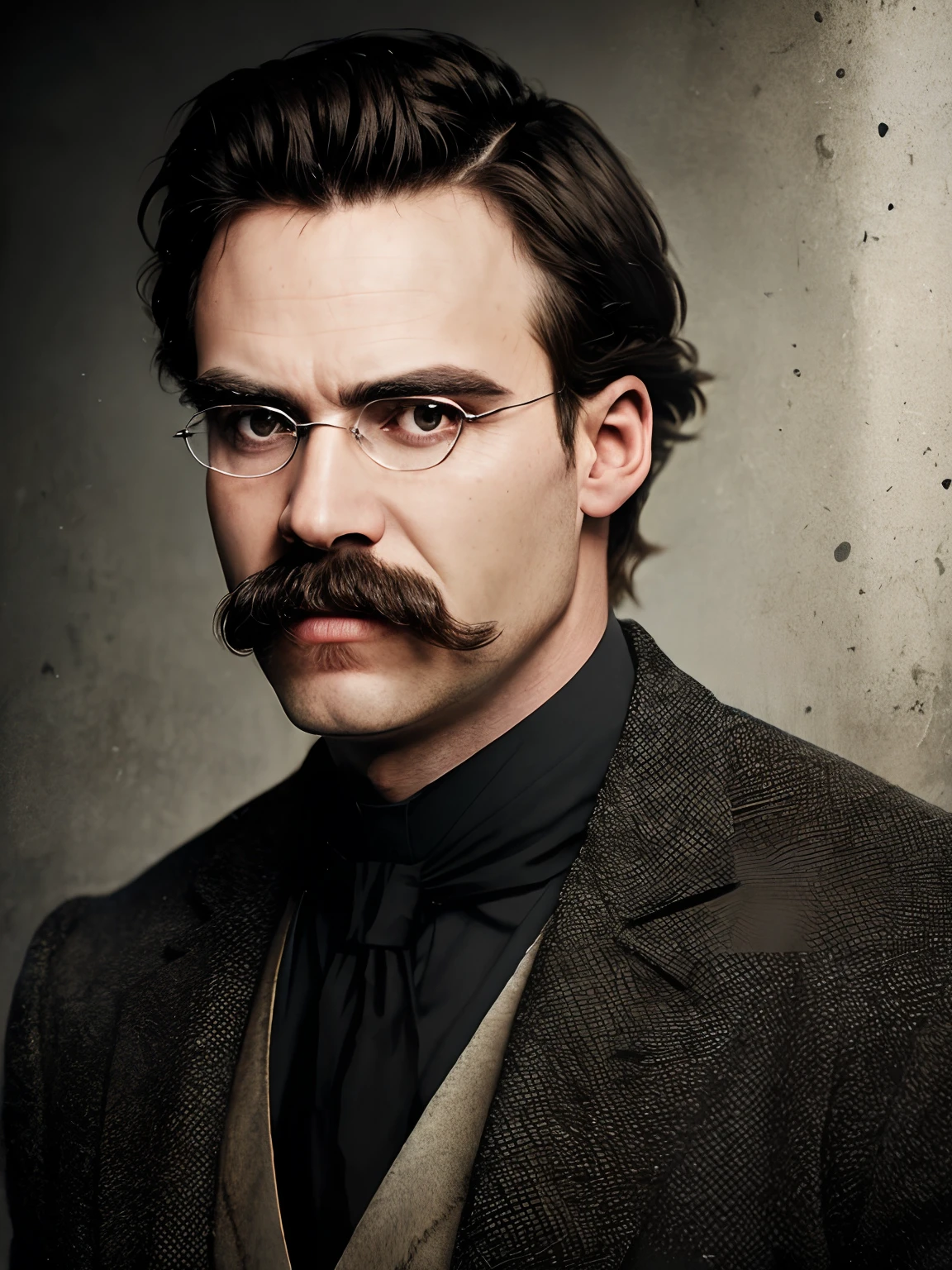 Friedrichnietzsche,olhando para frente, bigode grosso, headpe, casaco preto, Camisa Preta, (standingn:1.1), (detalhes intrincados:0.9), (HDR, hiperdetalhado:1.2), (textura natural da pele, hiper-realismo, luz suave, sharper), (detalhes intrincados:0.9), (HDR, hiperdetalhado:1.2), (textura natural da pele, hiper-realismo, luz suave, sharper)