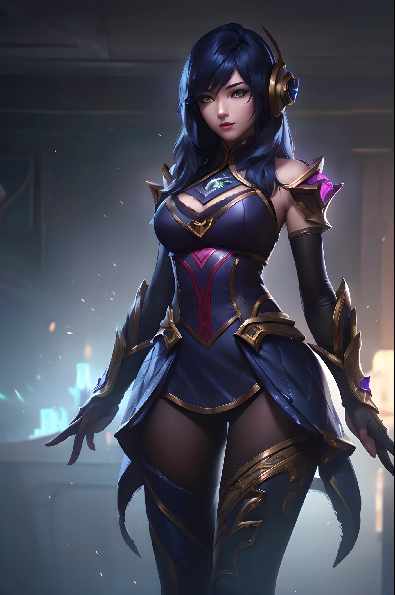 (League of Legends:1.5), (RAW,(8k),octanerender,complex3drenderultradetailed,studiosoftlight,rimlight,vibrantdetails,ultradetailed,realisticskintexture,ultradetailedskin,beautifuldetailedeyes,extremelydetailedCGunity8kwallpaper),cowboyshot,globalillumination,((ultrarealisticdetails)),ultrasharp,cbpk,intricate,ornamentsdetailed,coldcolors,Enginedetails,highlyintricatedetails,realisticlight,asymmetricalhair,aquahair,neondetails,mechanicallimbs,Dynamicaction,xuanwu,wading,arms behind back