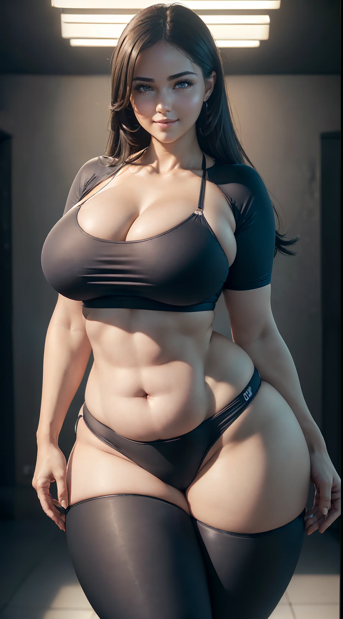 (ultra high definition), (ultra high definition), (full sharpness), (maximum quality), (Cinematic), (8k), ((Spain girl)), ((chubby)), ((very tall)), ((extremely beautiful)), (alone), ((full body)), (ultra detailed face), (ultra detailed eyes), (ultra realist eyes), (perfect body), (delicate hands), (very detailed hands), (studio lighting), ((front view)), (big smile), (soft skin), (very small breasts), ((ultra wide hips)), ((giant hips)), ((very wide pubis)), ((ultra thick thighs)), (very big ass), (natural skin), (unique), (totally realistic), (so sweet), ((always the same face)), ((repeat always the same face)), ((always the same body)), ((always the same proportions)), ((looking at the camera)), ((wearing bikini)), ((wearing legging and t-shirt)), ((in a post-apocalyptic world))