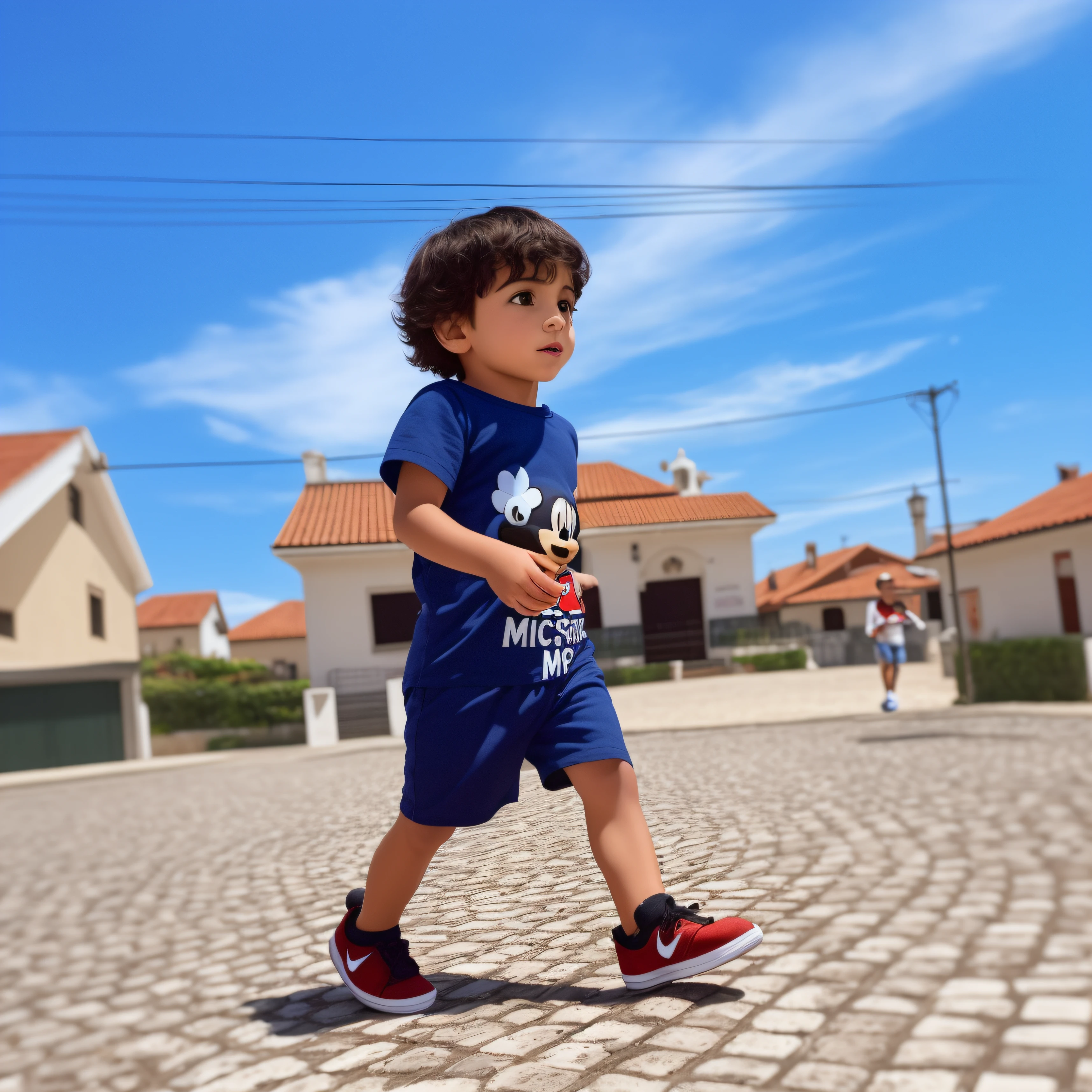 There is a young Portuguese boy in Portugal, wearing a Mickey Mouse outfit and red Nike sneakers, proudly walking along a brick road. The series of photos captures him in multiple positions, including walking towards the camera, stepping on a miniature city, and showcasing his cuteness. This charming portrait series features 2-year-old Mateus and is brought to life by talented photographers such as Samuel Silva, Luis Miranda, Nandor Soldier, and Almeida Júnior, with influences from Milton Menasco.