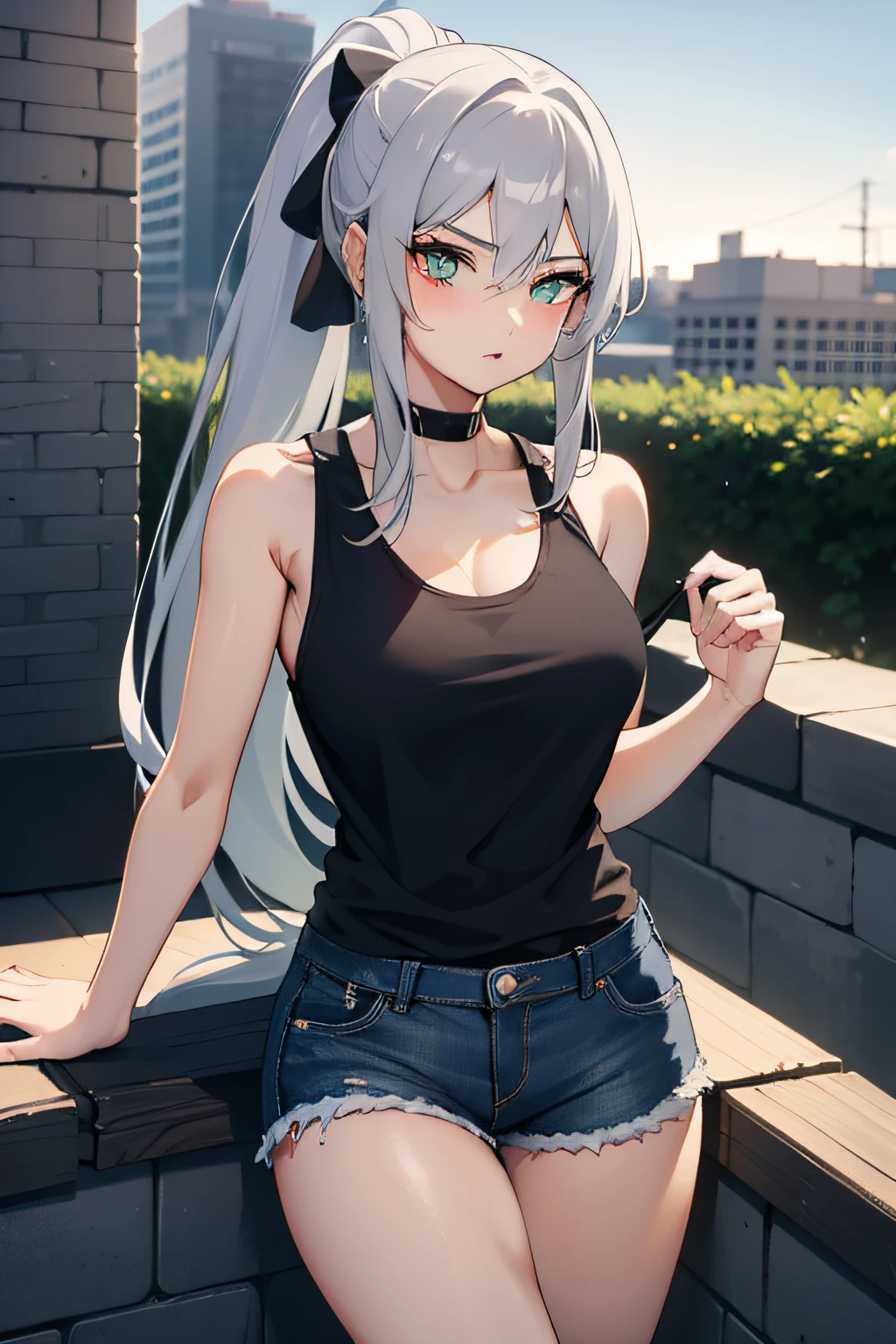 1woman, long silver hair ponytail. green eyes, very large chest, wearing a black tank top and denims shorts, on a rooftop, sun, sniper