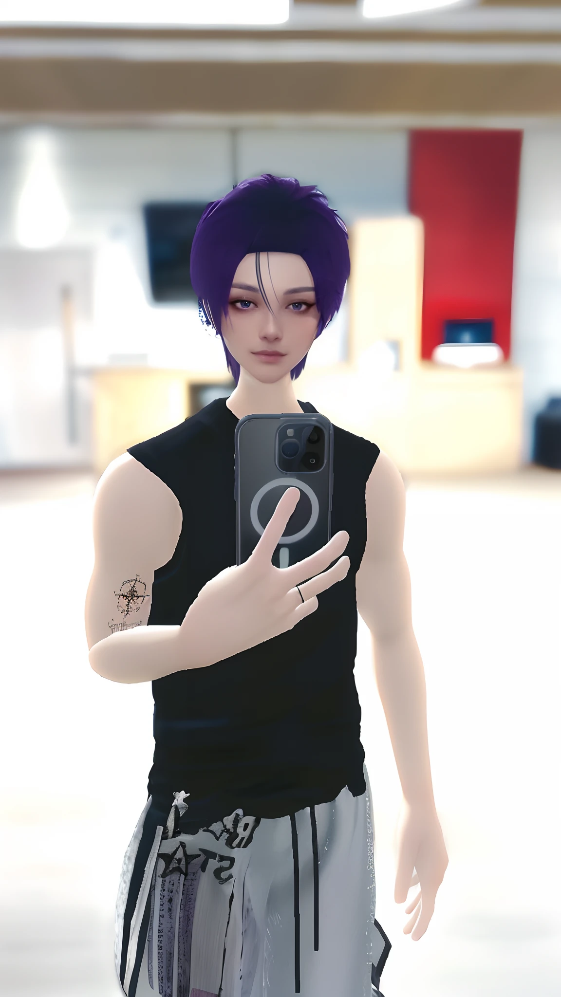 Alafed man with purple hair and black shirt takes selfie, second life avatar, upper body avatar, highly detailed full body, with index finger, live2d virtual youtuber model, Highly detailed upper body, tane skin, Virtual Self, detailed unblurred face, [ realistic photo shot ], he is holding a smartphone, inspired by Sim Sa-jeong