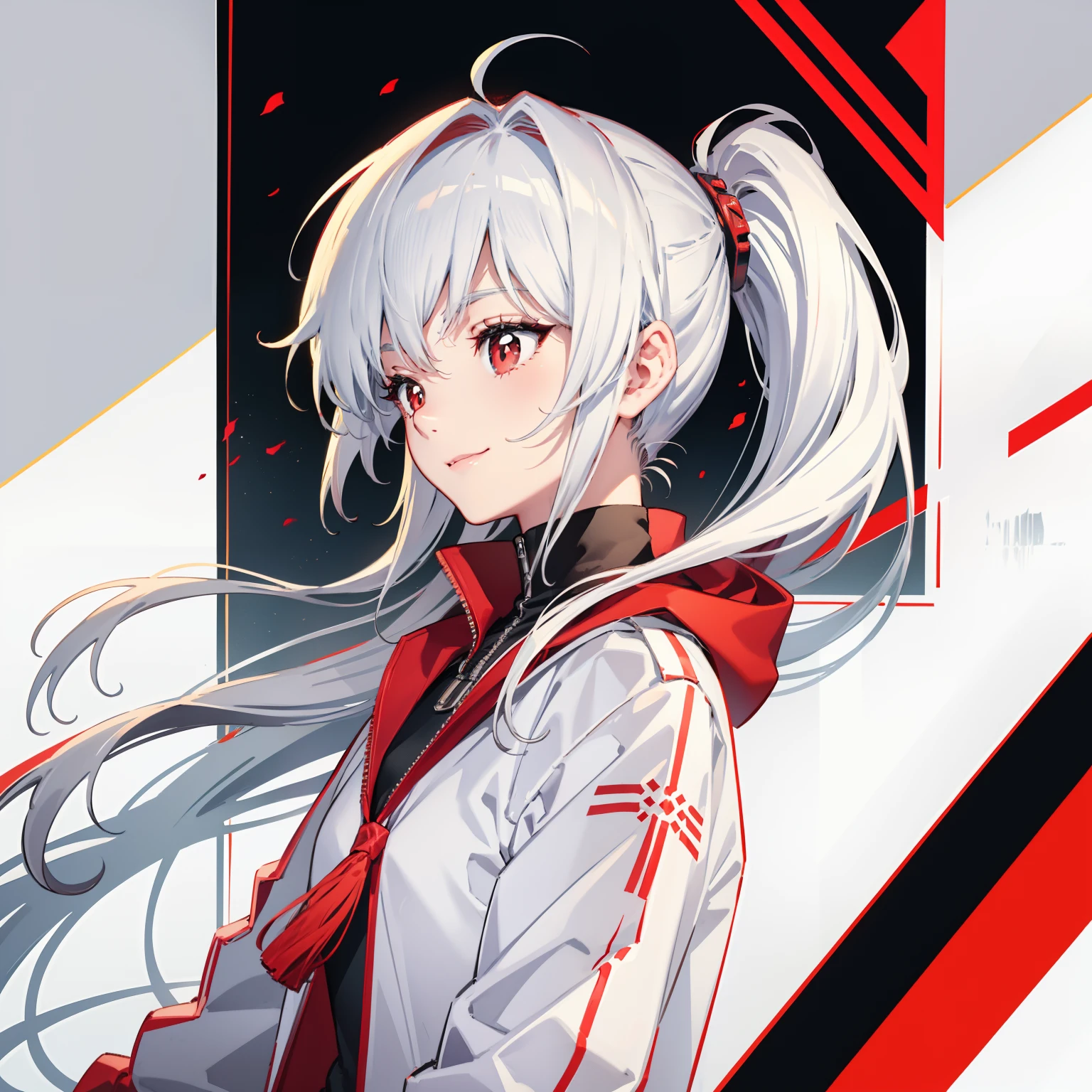 White color hair,red pupils,Single ponytail,Behind him was a long sword,facing the front there,with a smile on her face,Cheerful and lively,Hair fluttering in the wind,Hair is red and dyed