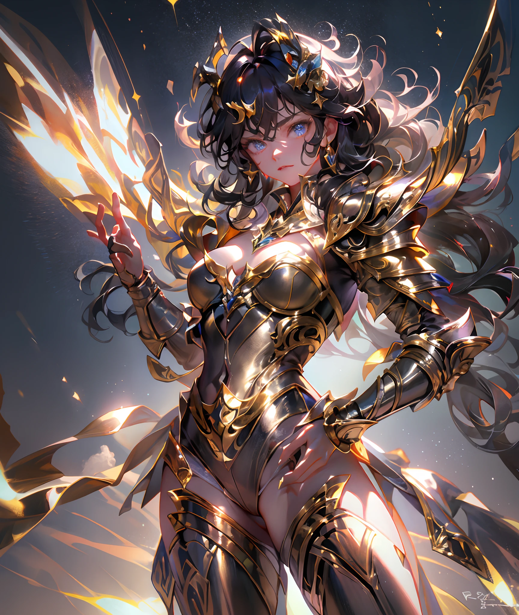 Ultra-high saturation，（tmasterpiece）， fully body photo，（best qualtiy）， （1girll）， starryskybackground，Wearing shiny gold armor， Sexy lingerie type armor，Expose your chest，Expose the waistline，Exposing thighs，cool-pose， Saint Seiya Armor， messy  hair，high detal, Anime style, Cinematic lighting, Sparkle, god light, Ray traching, filmgrain, hyper HD, textureskin, super detailing, Anatomical correct, A high resolution，Ultra-high saturation，hight contrast，High-gloss armor，Smooth skin，Serious expressions,Dark room,