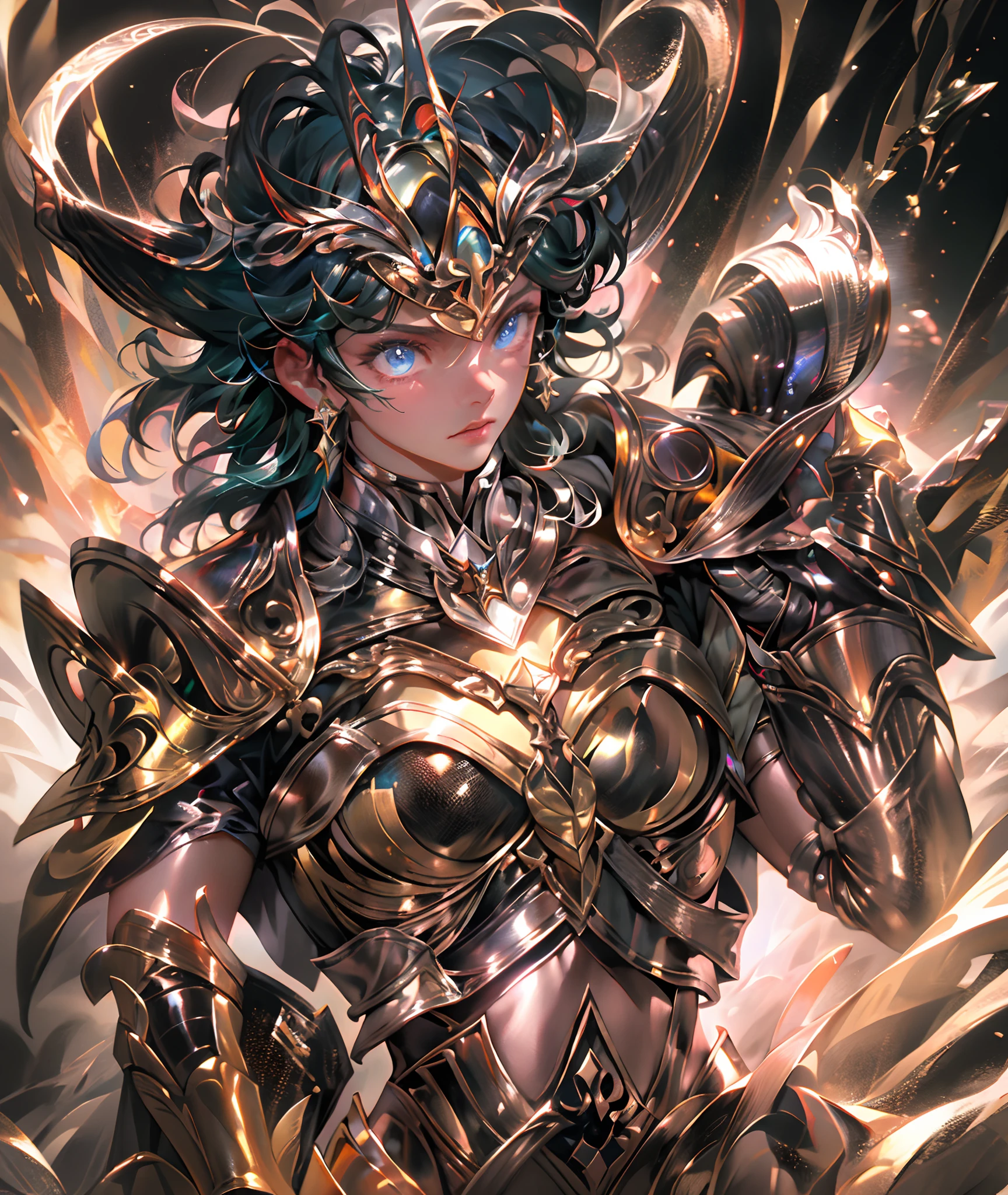 Ultra-high saturation,(tmasterpiece), fully body photo,(best qualtiy), (1girll), starryskybackground,Wearing shiny gold armor, Sexy lingerie type armor,Expose your chest,Expose the waistline,Exposing thighs,cool-pose, Saint Seiya Armor, messy hair,high detal, Anime style, Cinematic lighting, Sparkle, god light, Ray traching, filmgrain, hyper HD, textureskin, super detailing, Anatomical correct, A high resolution,Ultra-high saturation,hight contrast,High-gloss armor,Smooth skin,Serious expressions,Dark room,