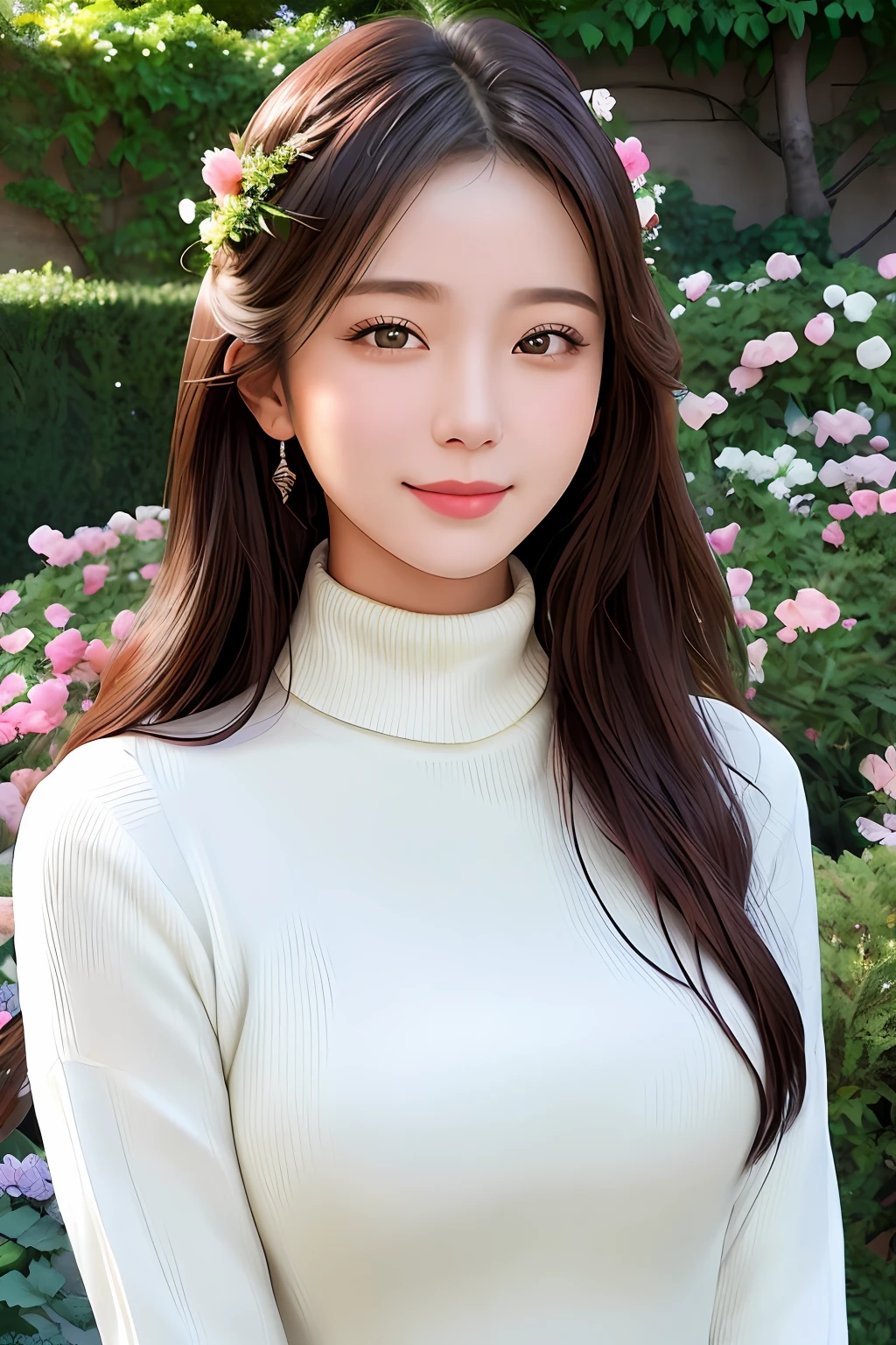 masterpiece,DSLR photo,analog style,nikon d5,real photo,a photo of a beautiful 20 year old woman,dramatic lighting (85mm),with Blooming garden in the background,(detailed facial features),(detailed shiny eyes),dynamic angle,Michelangelo style,long hair,turtleneck sweater,smiling face:1.4,