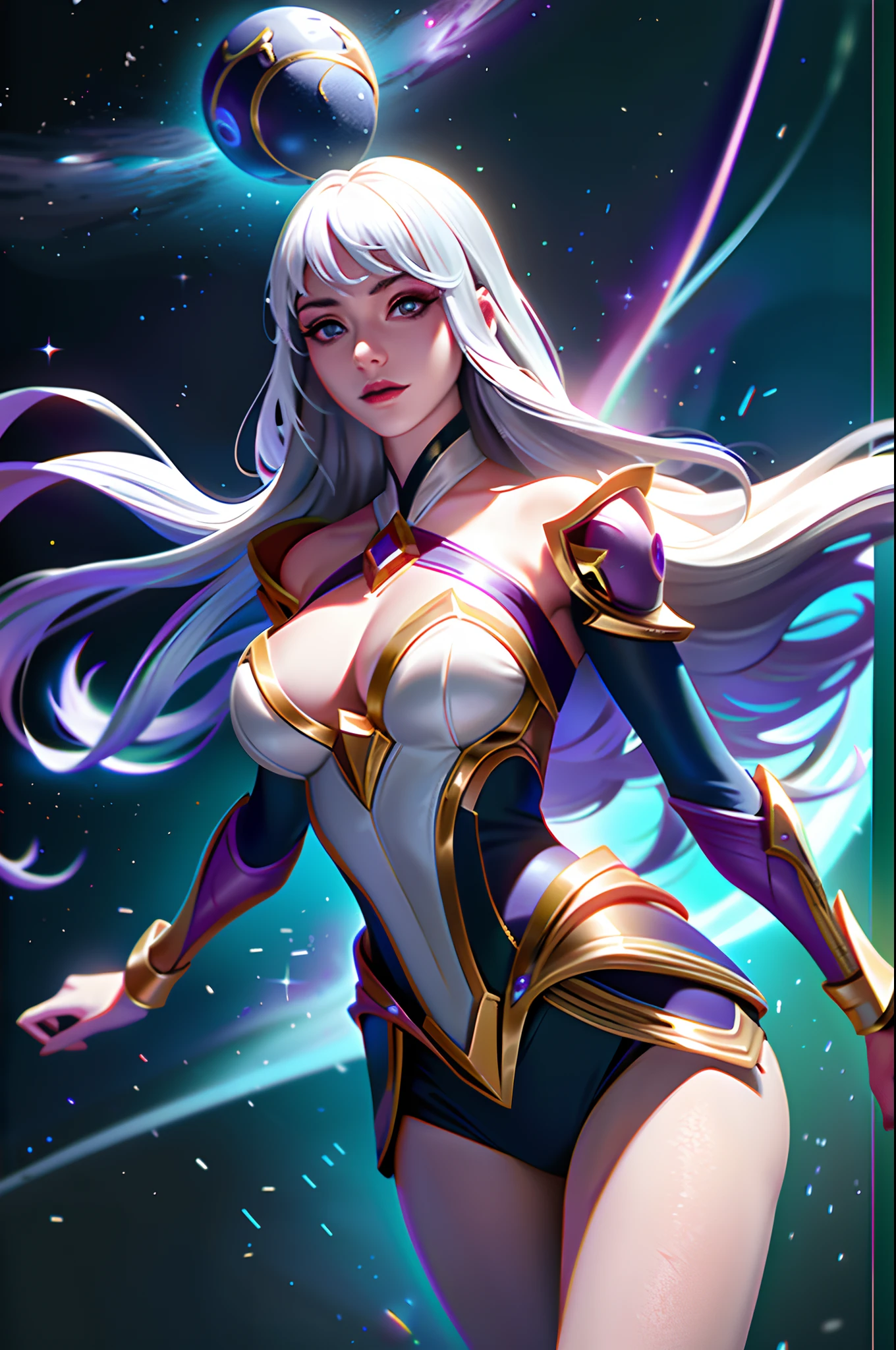 (League of Legends:1.5),Astrid, the Graviton Slinger, is depicted in her splashart as a powerful and enigmatic force, wielding her gravitational manipulation abilities with mastery. The scene takes place in a celestial realm, where stars and cosmic energy illuminate the vastness of space.

Astrid possesses an otherworldly beauty, with flowing silver-white hair that seems to shimmer with the brilliance of distant stars. Her skin has a faint celestial glow, radiating with the power she commands. She wears a sleek, futuristic suit adorned with intricate patterns that resemble constellations and gravitational fields. The suit hugs her figure, emphasizing her strength and agility.

In the center of her palms, Astrid generates orbs of gravitational energy, each pulsating with vibrant hues of purple and blue. These energy orbs form the foundation for her gravitational abilities. Surrounding her, smaller orbs and filaments of energy spin and orbit, representing the gravitational fields she creates and manipulates.

Astrid's eyes emit an intense, piercing gaze, glowing with the same gravitational energy that courses through her. Her expression conveys both focus and determination, revealing her unwavering control over the forces she wields.

The backdrop of the splashart showcases the vast expanse of space, filled with distant galaxies and nebulae. Ethereal strands of gravitational energy weave through the cosmos, forming intricate patterns and connecting celestial bodies. The scene creates a sense of awe and wonder, as Astrid harnesses the fundamental forces of the universe.

The color palette is dominated by deep purples, blues, and blacks, reflecting the cosmic nature of Astrid's powers. The vibrant energy orbs stand out against the dark backdrop, adding a dynamic and captivating element to the splashart, splashart, linhas de corpo, cores vibrantes, detalhes requintados, cinemactic, artstation, rosto detalhado, por rossdraws, por Kienan Laf,normal hands,holding ball,