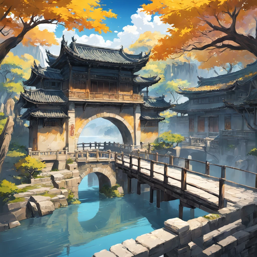 8K, best quality, masterpiece, scenery, A grand and magnificent stone double arch bridge, on the right side of which is an ancient Chinese architectural house, an elegant and exquisite house, and on the right side of the house is a particularly large tree with yellow leaves. There is flowing water under the bridge, and there are two long tree stumps in the flowing water. Reflection. The background is some blurry mountain ranges.