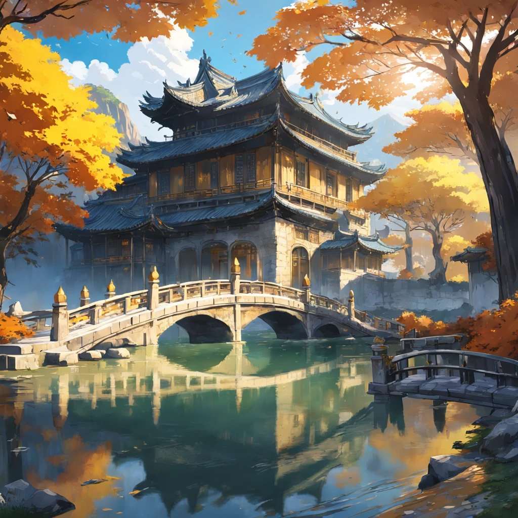 8K, best quality, masterpiece, scenery, A grand and magnificent stone double arch bridge, on the right side of which is an ancient Chinese architectural house, an elegant and exquisite house, and on the right side of the house is a particularly large tree with yellow leaves. There is flowing water under the bridge, and there are two long tree stumps in the flowing water. Reflection. The background is some blurry mountain ranges.