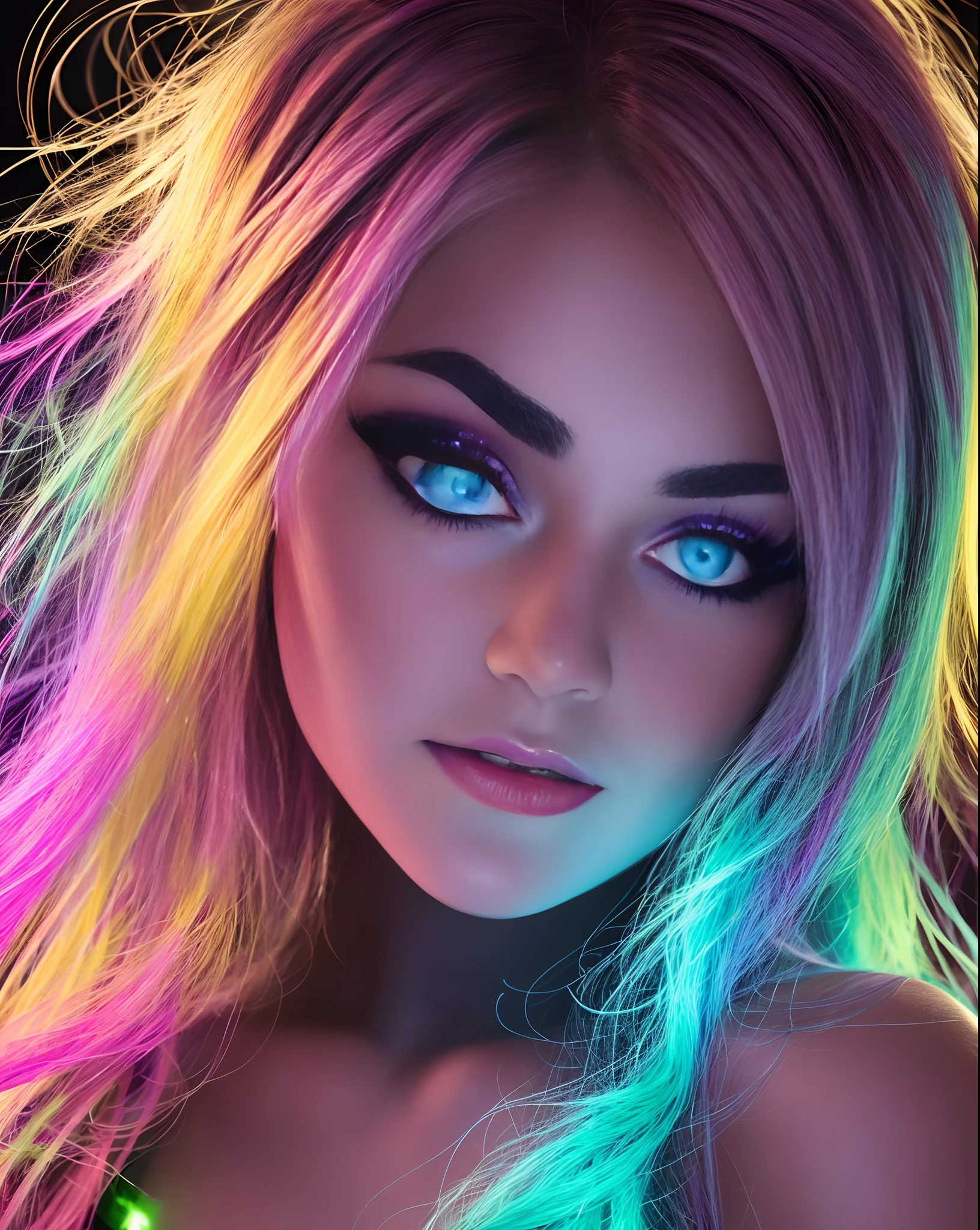 rainbow RGB color young hair down, Ultra-high resolution, hyperrealism, late 20s Swedish beautiful woman, RBG LED Neon lighting, neon glitter makeup on face and body, eyes open looking straight into lens, strong smirk, piercing eyes, very dark  background. Colors should be extremely vibrant and glowing like neon glow in the dark paint, --auto --s2