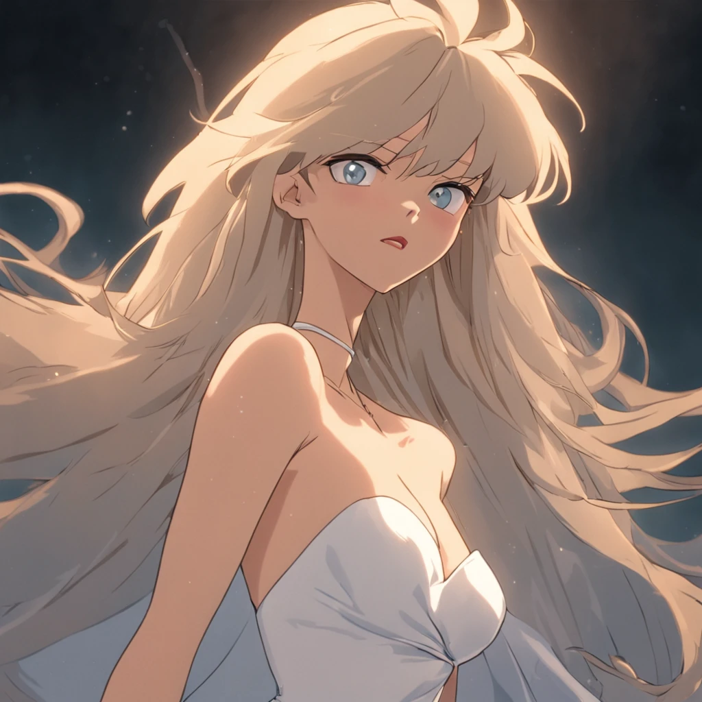 In cel animation style, Kim Basinger animated Holli Wood in a strapless low-cut white dress with a white choker, peitos grandes, segurando saia pra cima, bunda empinada, rosto perfeito, UHD, linhas limpas, 8k