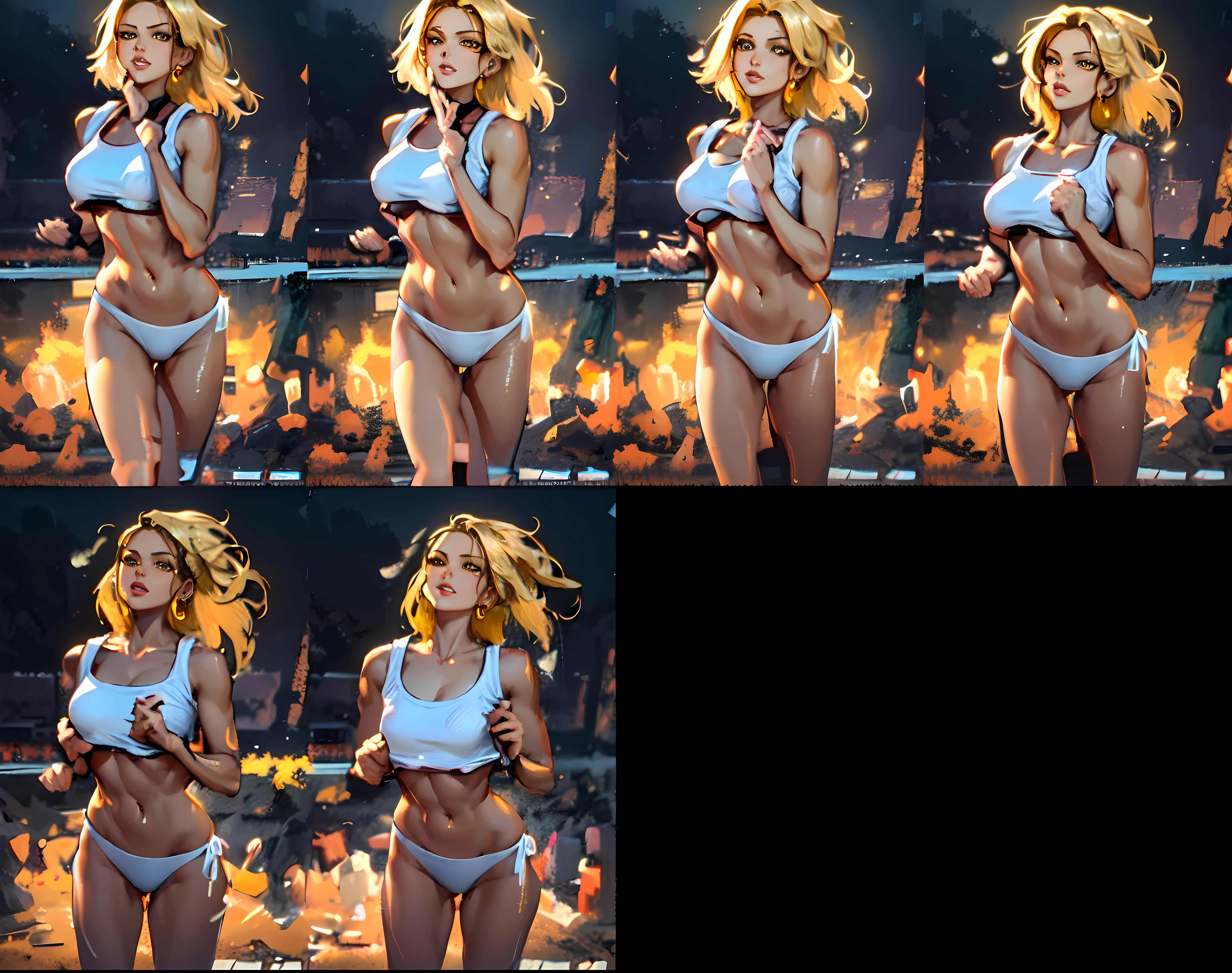a set of nine different poses of a hot woman, unparalleled masterpiece, ultra realistic 8k CG, perfect artwork, (1girl:1.1) , solo, ((perfect female figure)), (nsfw), looking at viewer, mature female, (teasing), best quality:1.1 , seductive posture, sexy pose, alluring, (beautiful), (curvy), (thick), blonde hair, (yellow eyes:1.2), short hair, earrings, jewelry, denim vest, open vest, white shirt, white shorts, toned legs, fit, (abs:1.1), (big butt:1.4), peach ass, (athletic body:1.2), (small breasts:1.3, (medium_breasts:1.1), wide_hips:1.5, narrow waist, small waist:1.5, slender body:1.2, thick thighs:1.3), (shiny skin:1.2), (hdr), (street:1.2), Nikon D850 film stock photograph Kodak Portra 400 camera f1.6 lens, rich colors, lifelike texture, dramatic lighting, unreal engine, trending on ArtStation, by Gerald Brom, by Frank Frazetta, by Luis Royo, by Julie Bell, by Boris Vallejo, working out, white underwear, sexy, erotic, a set of nine different poses of a woman in a white outfit, set of high quality hd sprites, spritesheet, intricate, sprite sheet, blond character, fullbody pose, style mix of æon flux, erotic , vfx spritesheet!!!!! in a running, working out, in a gym, android 18 at the gym