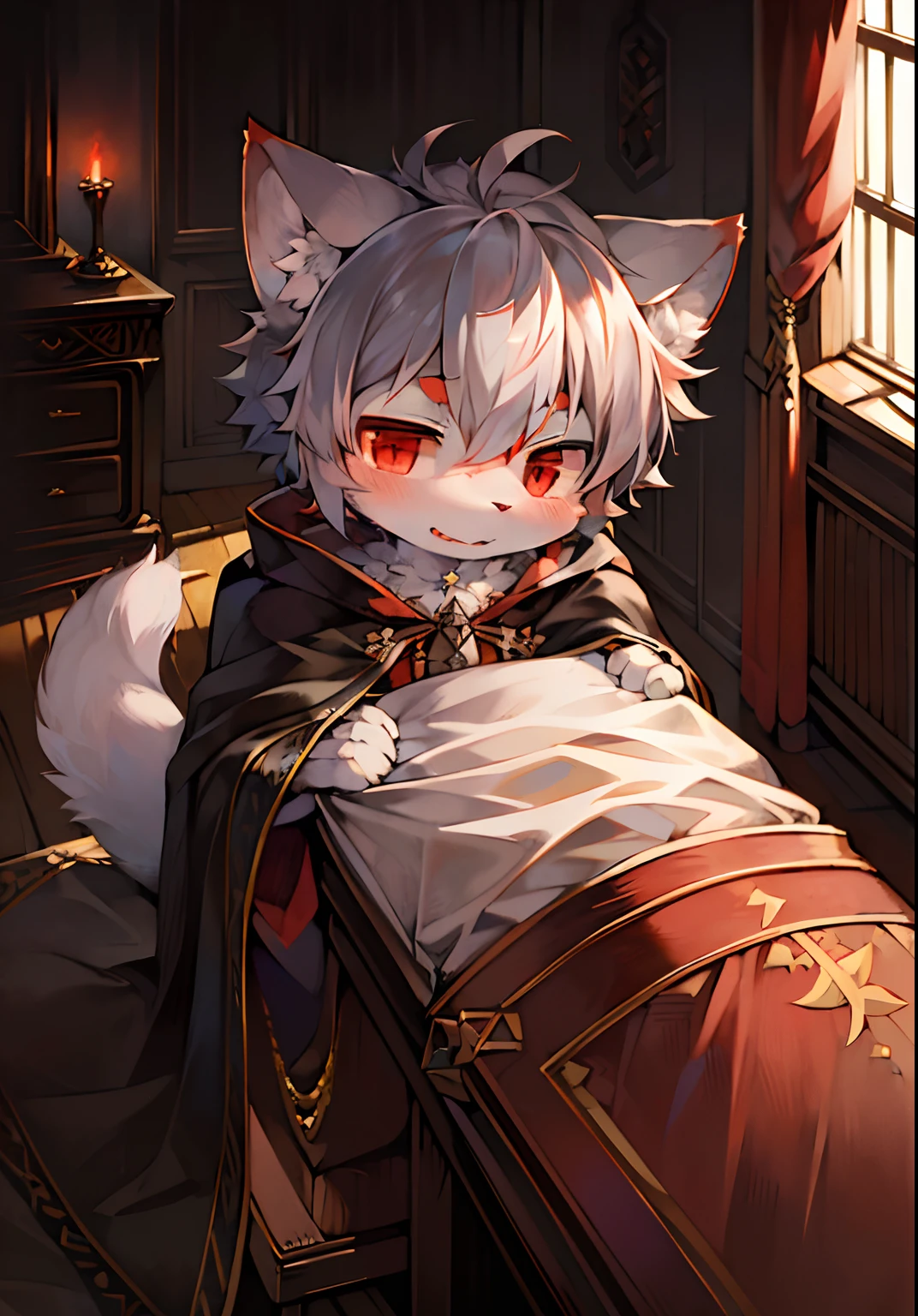 (Bright environment:0.8),masterpiece,high quality,abstract res,digital painting\(artwork\), by dagasi, yupa,kiyosan,(anthro,fluffy fur,character focus:1.1),anthro male cat,short hair,portrait , eyes with brightness, in a panoramic view, Character focus.(detailedbackground:0.7), 独奏, shaggy, shaggy male, malefocus, anthr,(Full Body Furry, Fluffy tail, Yellow fur, with brown eye, Gray hair:1.2), (long canines、the bats、cloaks:1.2),(interiors、In the daytime、borgar、Beds:1.1)