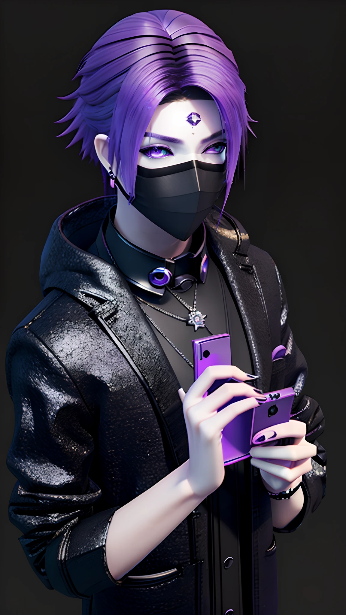 There is a man with purple hair holding a mobile phone, looking at his phone, imvu, second life avatar, Virtual Self, he is holding a smartphone, wearing all black mempo mask, inspired by Bian Shoumin, ( ( ( ( 3 d render ) ) ) ), Aesthetic!!, secondlife, distorted pose, tane skin, very aesthetic!!!!!!